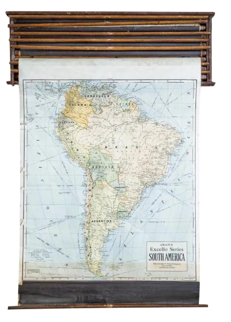 Crams 1938 South America Vintage Pull Down Map: A lovely, 1938 edition, vintage classroom pull down map of South America by Cram's, noted as being a part of the Excello Series. It has a nice subdued color palette, features its original hardware,