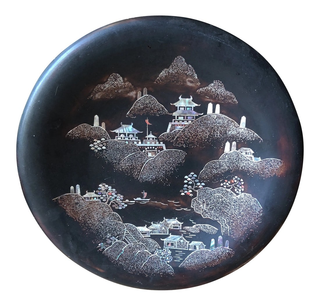 1960s Metal Base Chinoiserie Asian Plate: Beautiful metal base Chinoiserie Asian plate with stand, perfect for the interior designer. Condition: Alterations: Original Condition Unaltered Imperfections: Some Imperfections Condition Notes: