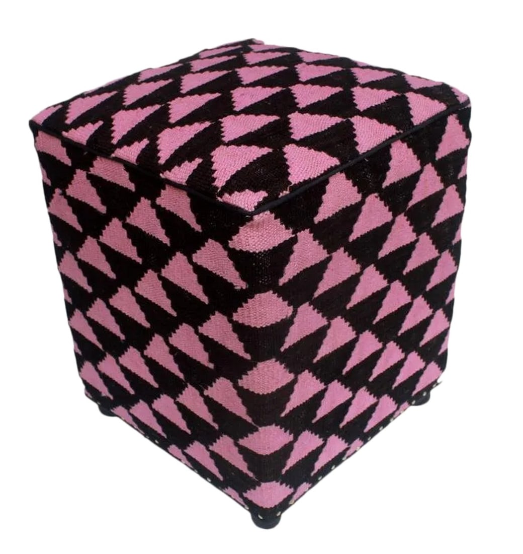 Shabby Chic Diego Black/Pink Kilim Upholstered Handmade Ottoman: Chic handmade ottoman crafted using wood and upholstered using hand-woven kilim wool rug is a multi-purpose fashion pouf which will add dimension, color and style to your décor. Inspired by