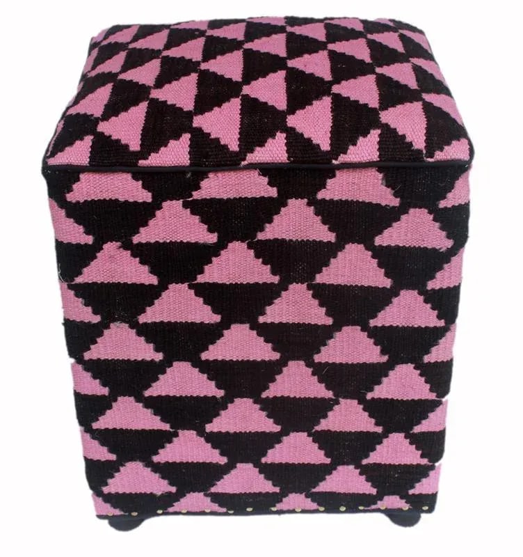 Shabby Chic Diego Black/Pink Kilim Upholstered Handmade Ottoman - 4