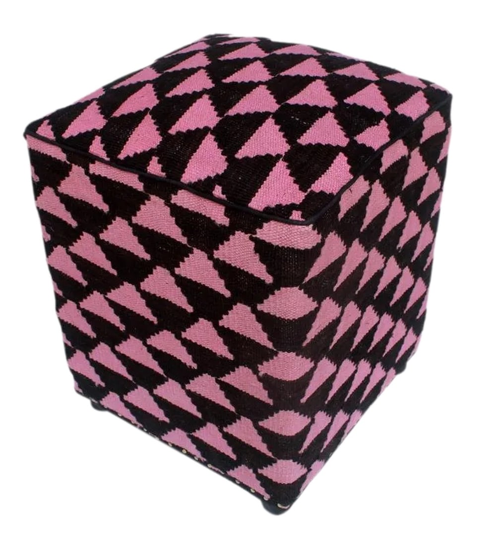 Arshs Diedra Black/Pink Kilim Upholstered Handmade Ottoman: Chic handmade ottoman crafted using wood and upholstered using hand-woven kilim wool rug is a multi-purpose fashion pouf which will add dimension, color and style to your décor. Inspired by
