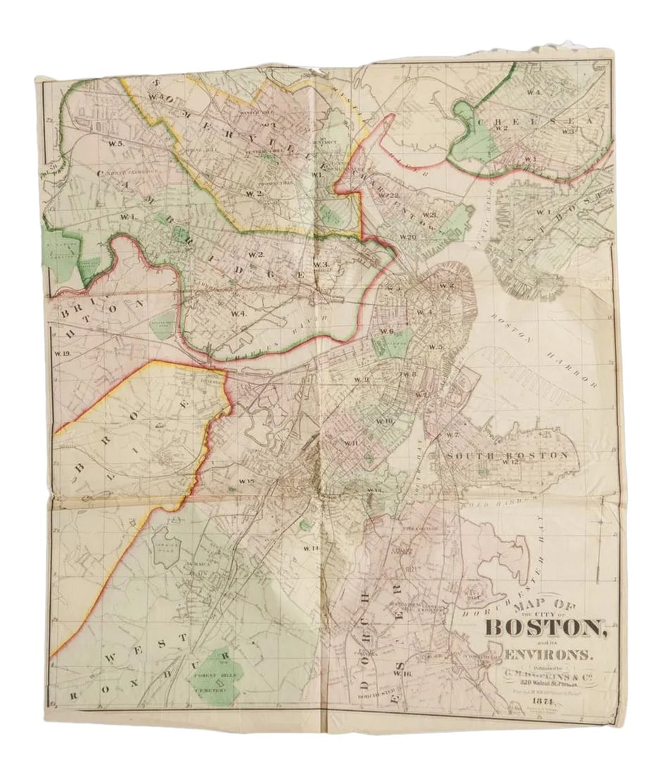 Antique Folding Map of City of Boston and Its Environs 1874: :: Antique folding map of the city of Boston Massachusetts and its environs, published by G.M. Hopkins & Co. in 1874. Map includes Brighton, Cambridge, Chelsea, Dorchester, South Boston, and more. 