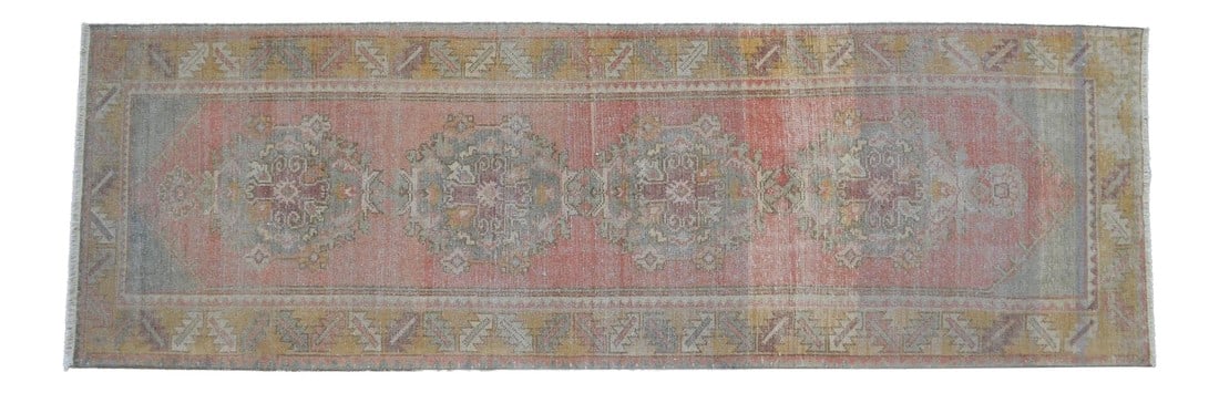 Faded Colors Oushak Runner - Distressed Pastel Hallway Rug 2'12³ X 9'4"³: This vintage Turkish rug is a distressed runner with a bold pattern with muted colors. The style is complementary to any space to add a global feel to your home. Vintage 1960s distressed Turkish