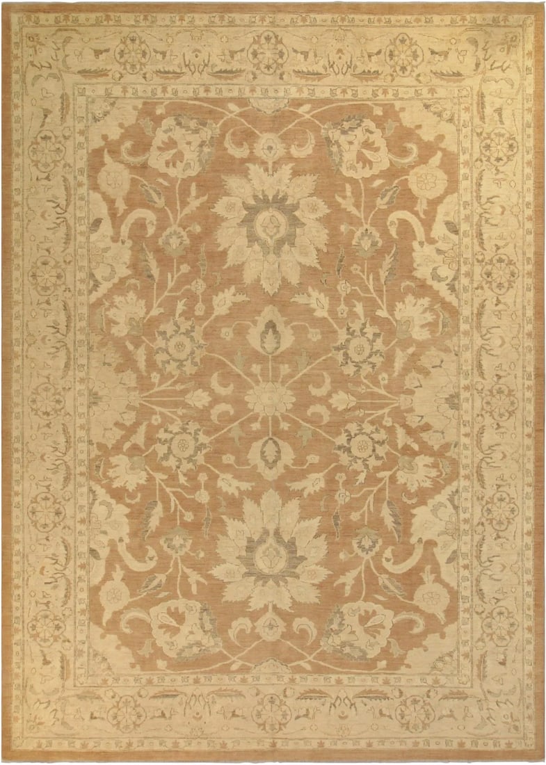 1990s Boho Chic Kafkaz Lt. Brown/Lt. Tan Wool Rug -9'11 X 13'7: A Persian influenced Turkish hand knotted rug made by skilled artisans capable of creating the most exceptional vegetable dyes and hand-spun new zealand wool. This gorgeous one of a kind peshawar