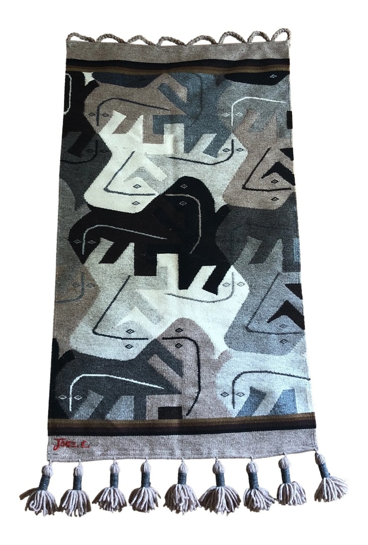 1980s Modernist Reptile Handwoven Tapestry: Beautiful modernist reptile hanging tapestry, perfect for the interior designer. Made in the 1980s. Condition: Alterations: Original Condition Unaltered Imperfections: Some Imperfections Condition