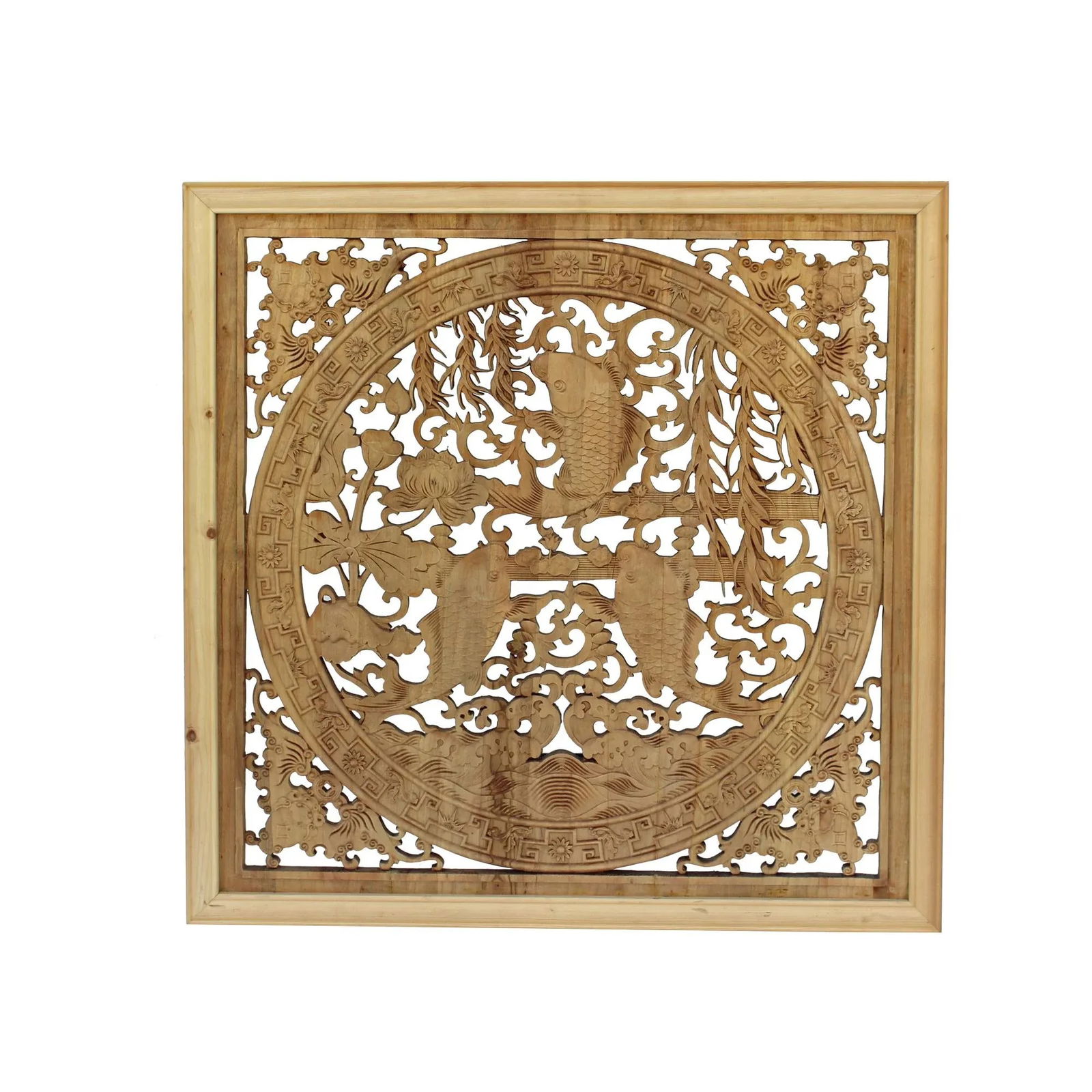 Chinese Square Flower Fishes Wooden Wall Plaque Panel - 2