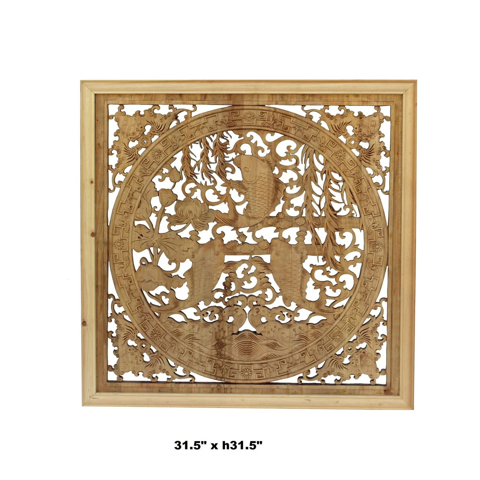 Chinese Square Flower Fishes Wooden Wall Plaque Panel - 3