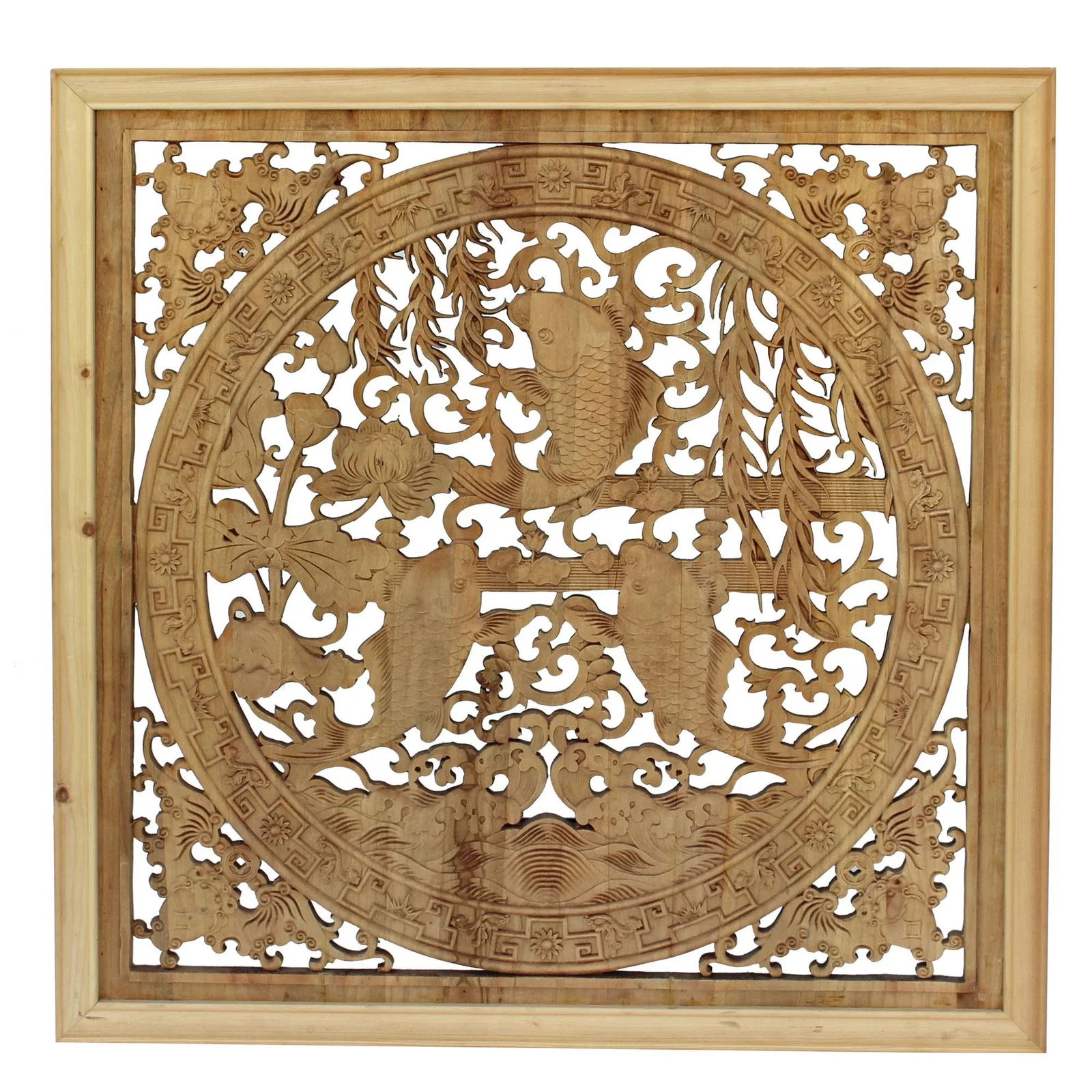 Chinese Square Flower Fishes Wooden Wall Plaque Panel - 5