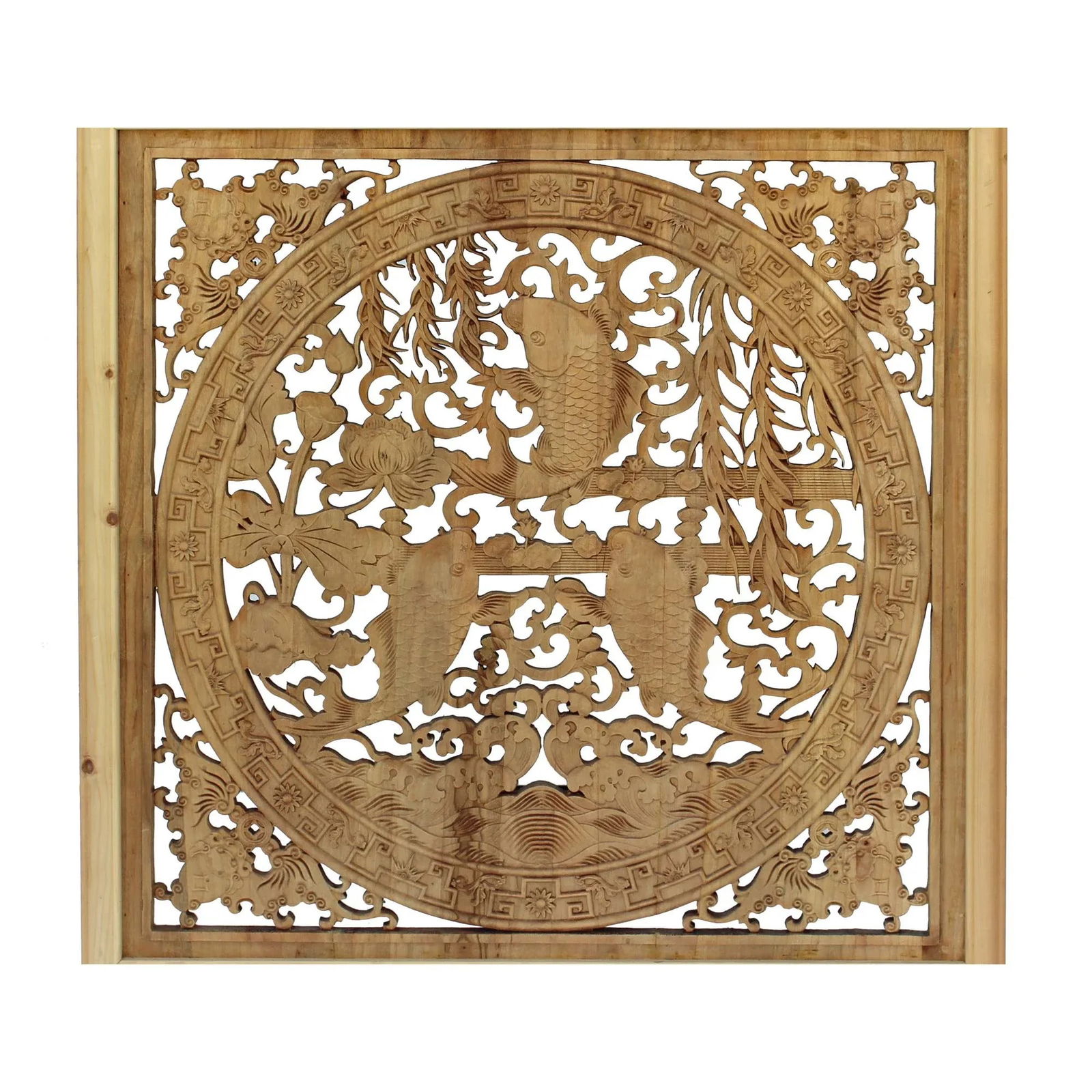 Chinese Square Flower Fishes Wooden Wall Plaque Panel - 6