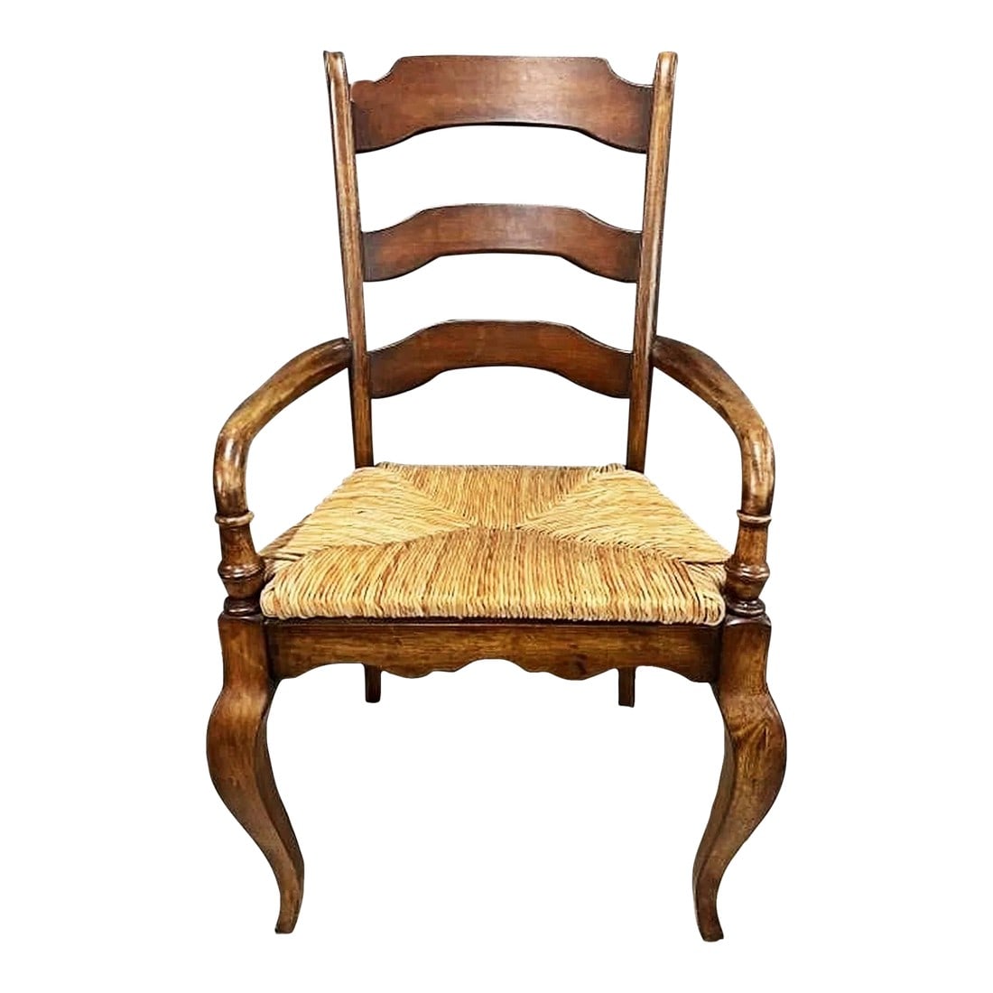 Vintage British Colonial Style Armchair: Classical British Colonial ladderback armchair, Queen Anne legs, rushed seat, comfortable and sturdy, a great desk chair. Condition: Alterations: Original Condition Unaltered Imperfections: Some Imper