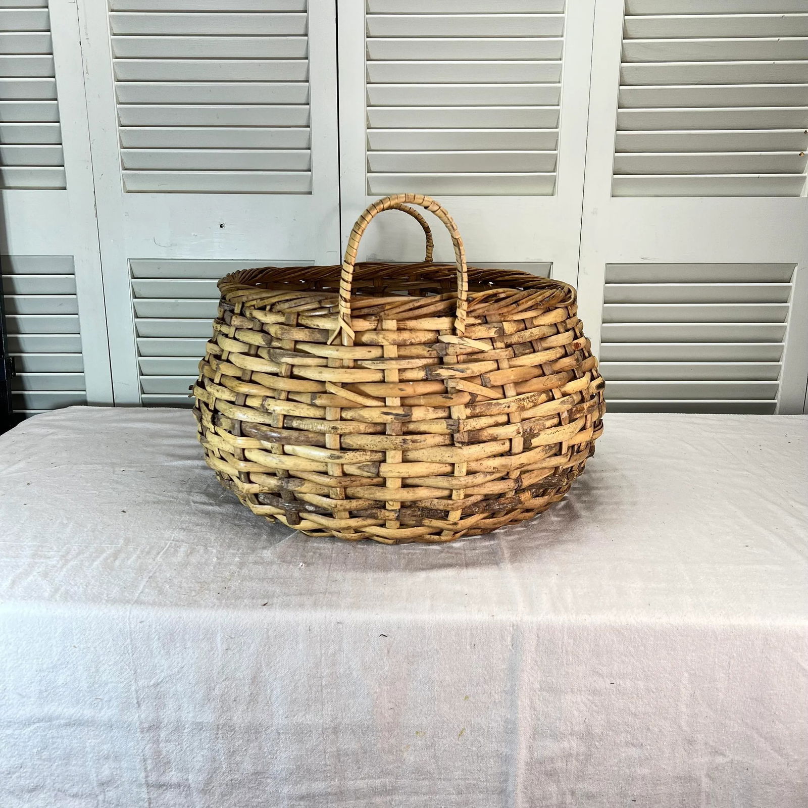 Vintage Split Bamboo Basket With Handles, Signed - 2