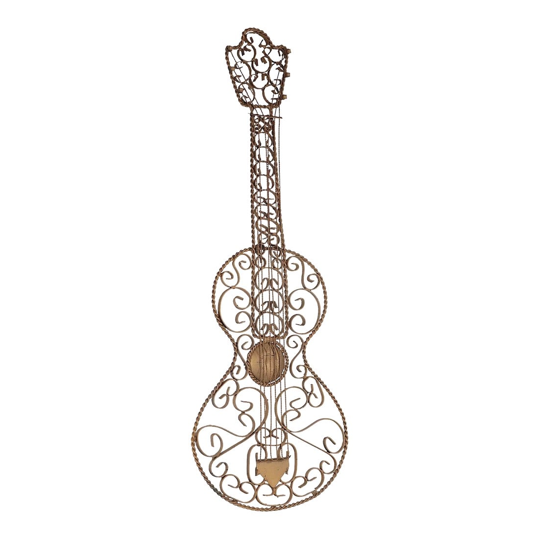 Decorative Wrought Iron Wall Hanging Guitar C 1970/1990's: Decorative wrought iron wall hanging sculpture executed in the Brutalist style, probably made in Mexico, c 1970/1990's. The piece is in original gold tone paint, it is in very good, original, clean