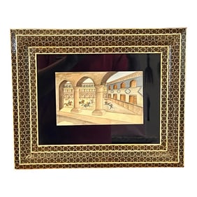 Vintage Persian Handmade Khatam Frame W/ Chovgan Game Painting