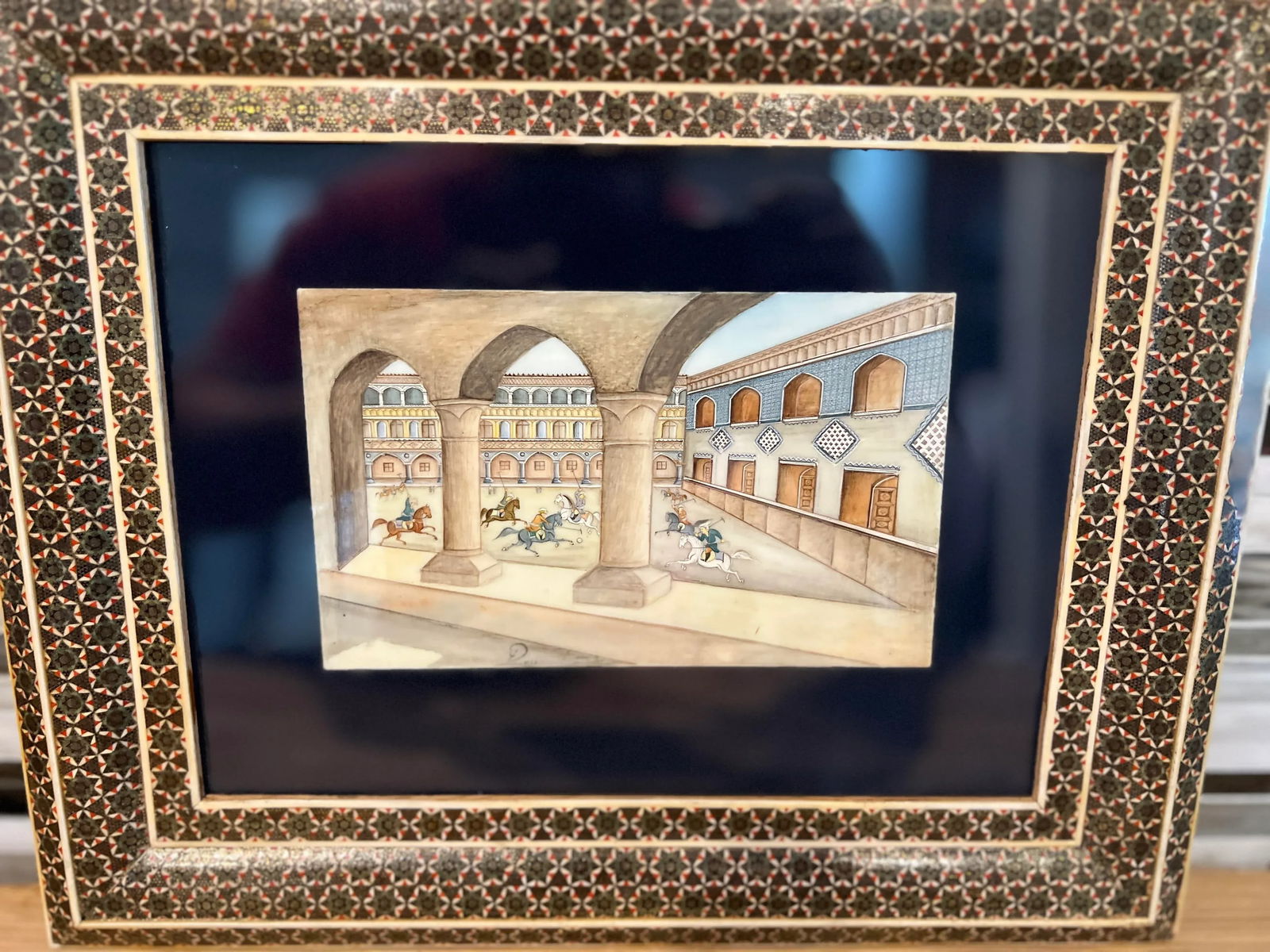 Vintage Persian Handmade Khatam Frame W/ Chovgan Game Painting - 2