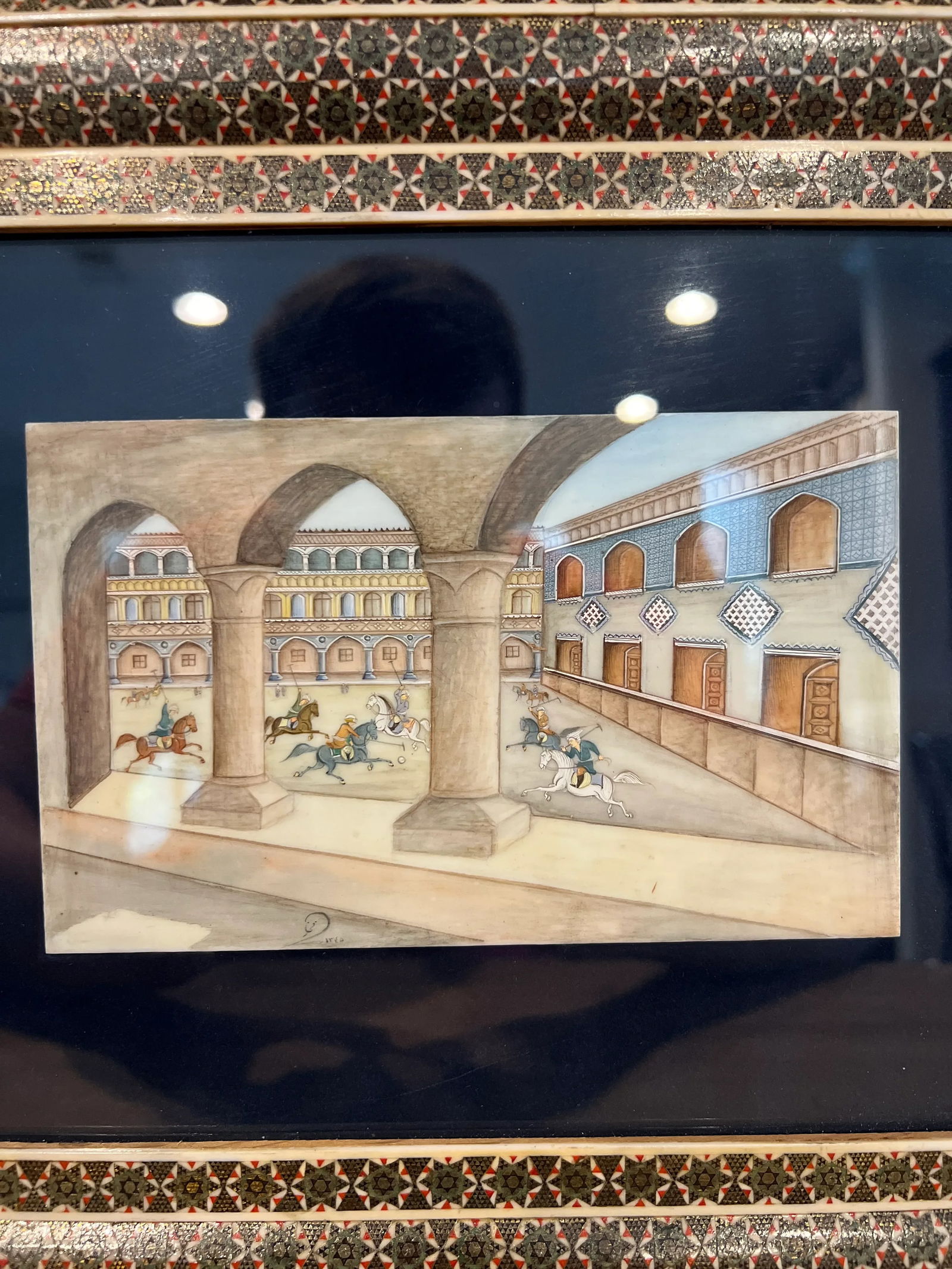 Vintage Persian Handmade Khatam Frame W/ Chovgan Game Painting - 4