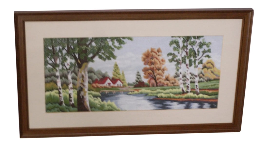 Landscape Needlepoint Textile Art Signed K/N: This large and intricate needlepoint landscape is signed K/N. Gorgeous Colors and incredibly detailed shading.Amazing craftsmanship. Chestnut brown frame with white matte.. Very good condition. 