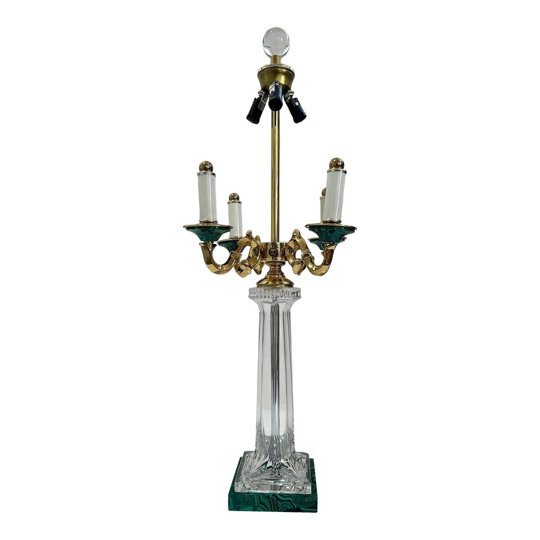 1980s Beth Weissman Malachite and Brass Four Arm Lamp: An elegant blend of polished brass and rich malachite, this Vintage Beth Weissman Lamp features four gracefully curved arms. Embodying timeless sophistication with its deep green swirls and golden