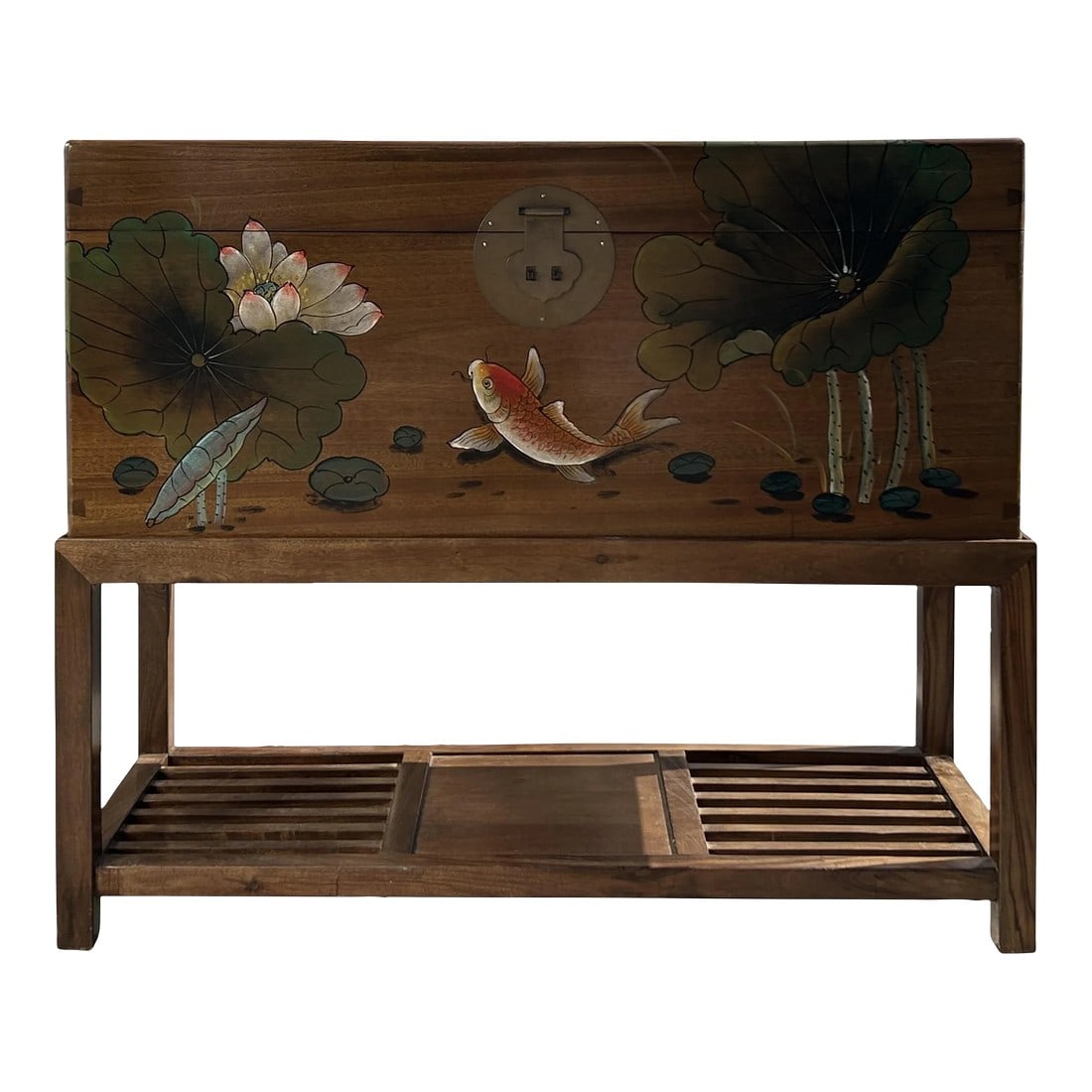 Chinese Lotus Flower Koi Fish Rectangular Wood Trunk on Stand: This is an oriental rectangular wood trunk in a light brown stain base color with colorful graphics of lotus flowers, leaves, and oriental koi fish. It comes with an open-panel wood base stand which