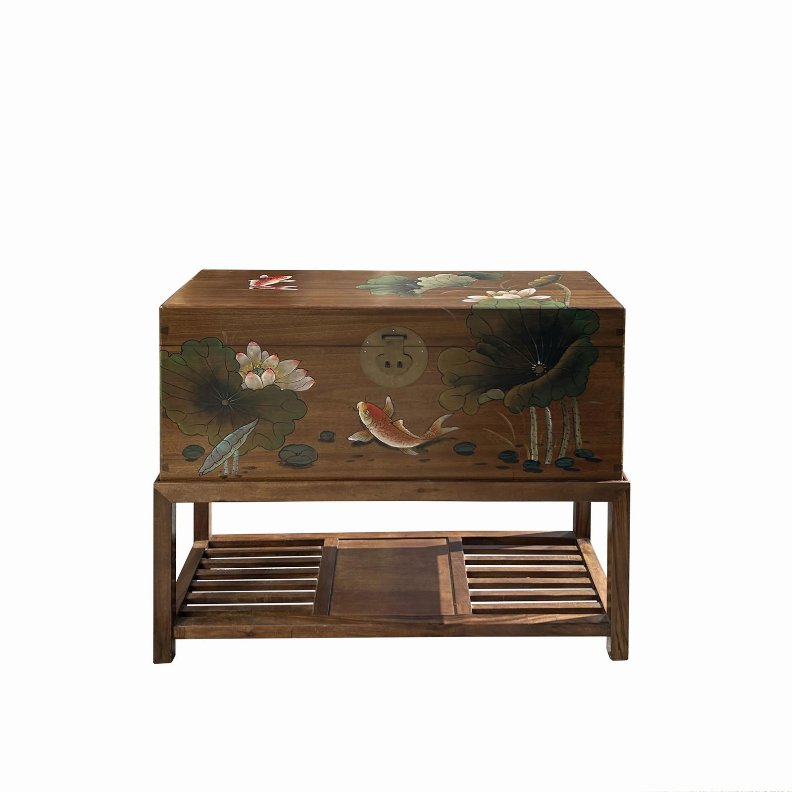 Chinese Lotus Flower Koi Fish Rectangular Wood Trunk on Stand - 2