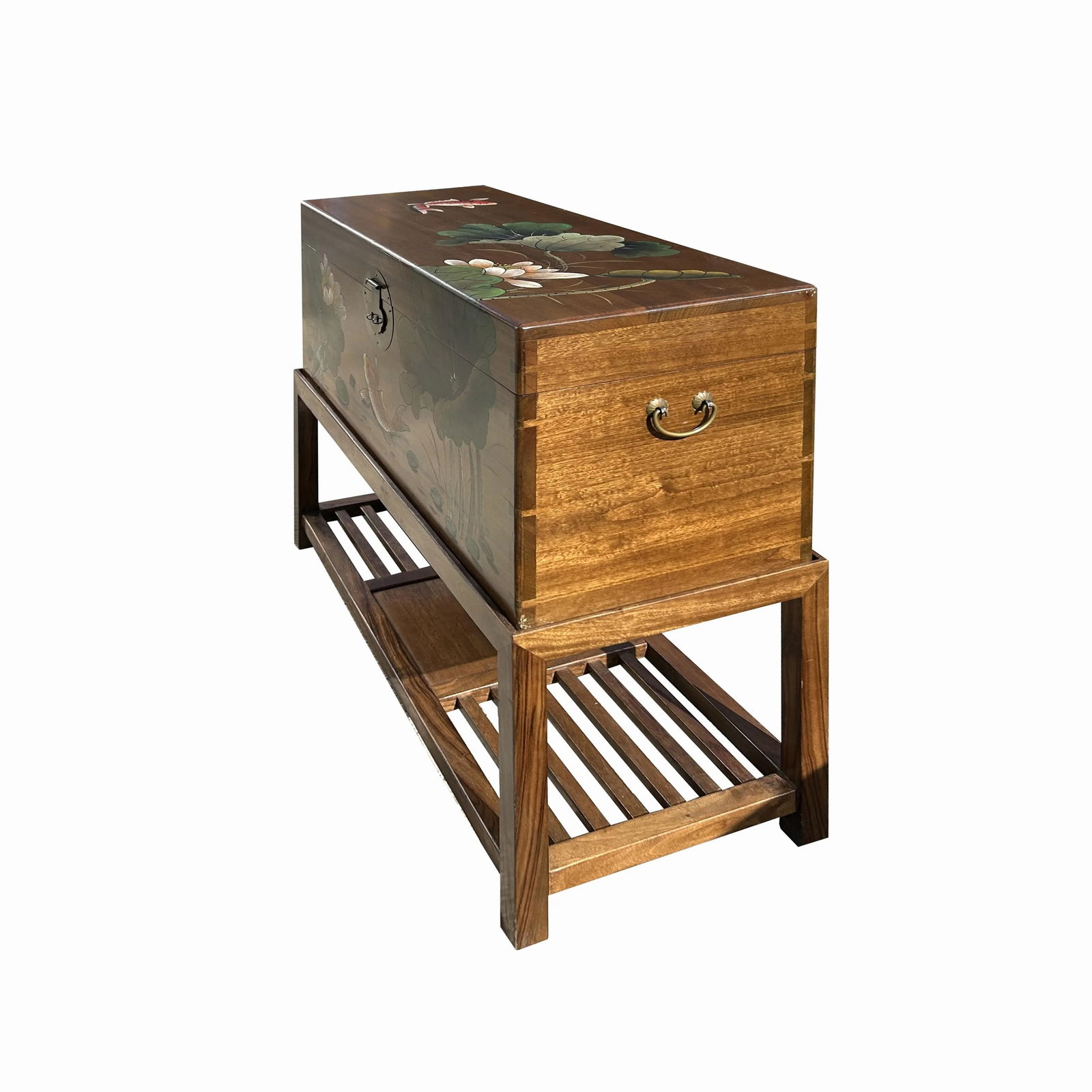 Chinese Lotus Flower Koi Fish Rectangular Wood Trunk on Stand - 6