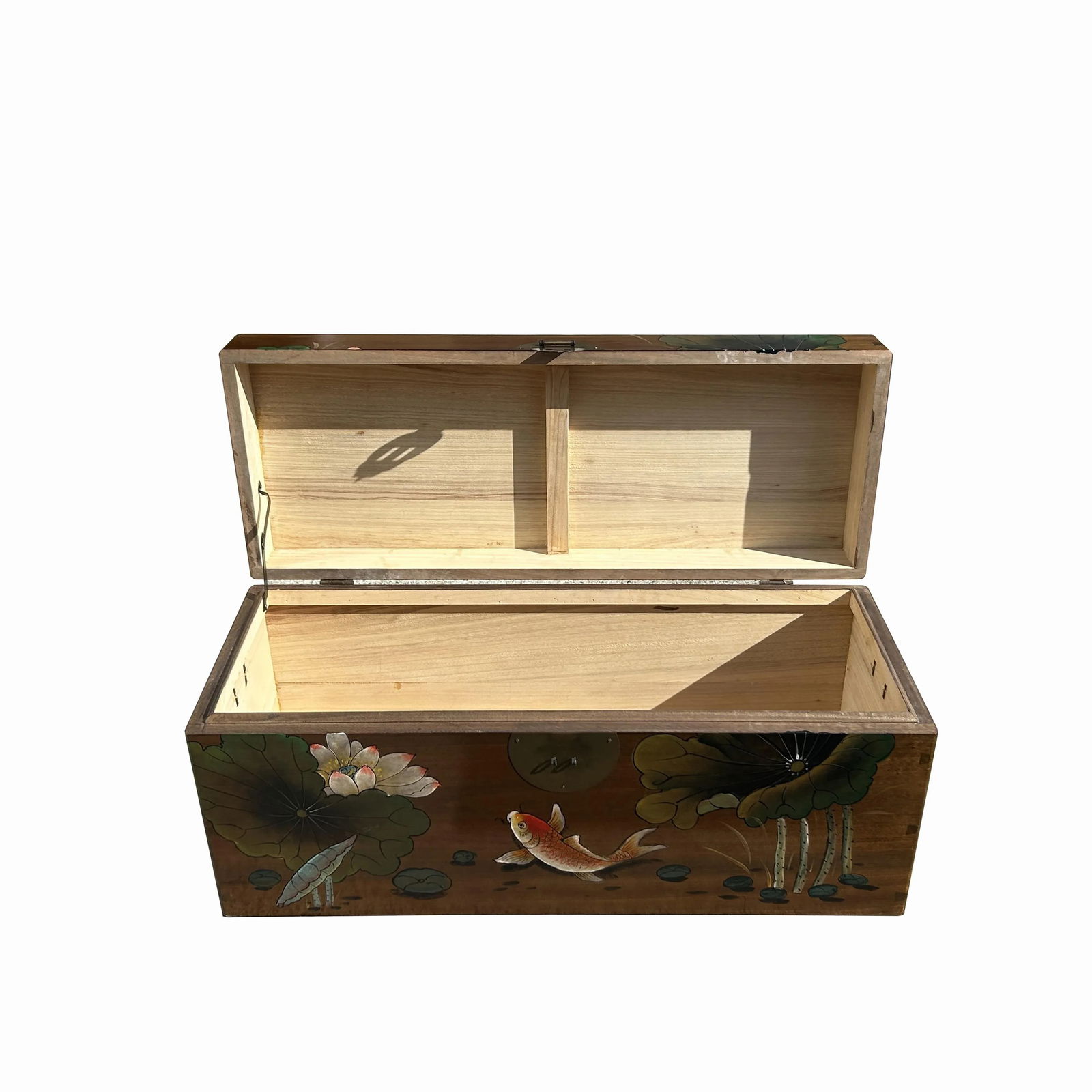 Chinese Lotus Flower Koi Fish Rectangular Wood Trunk on Stand - 7
