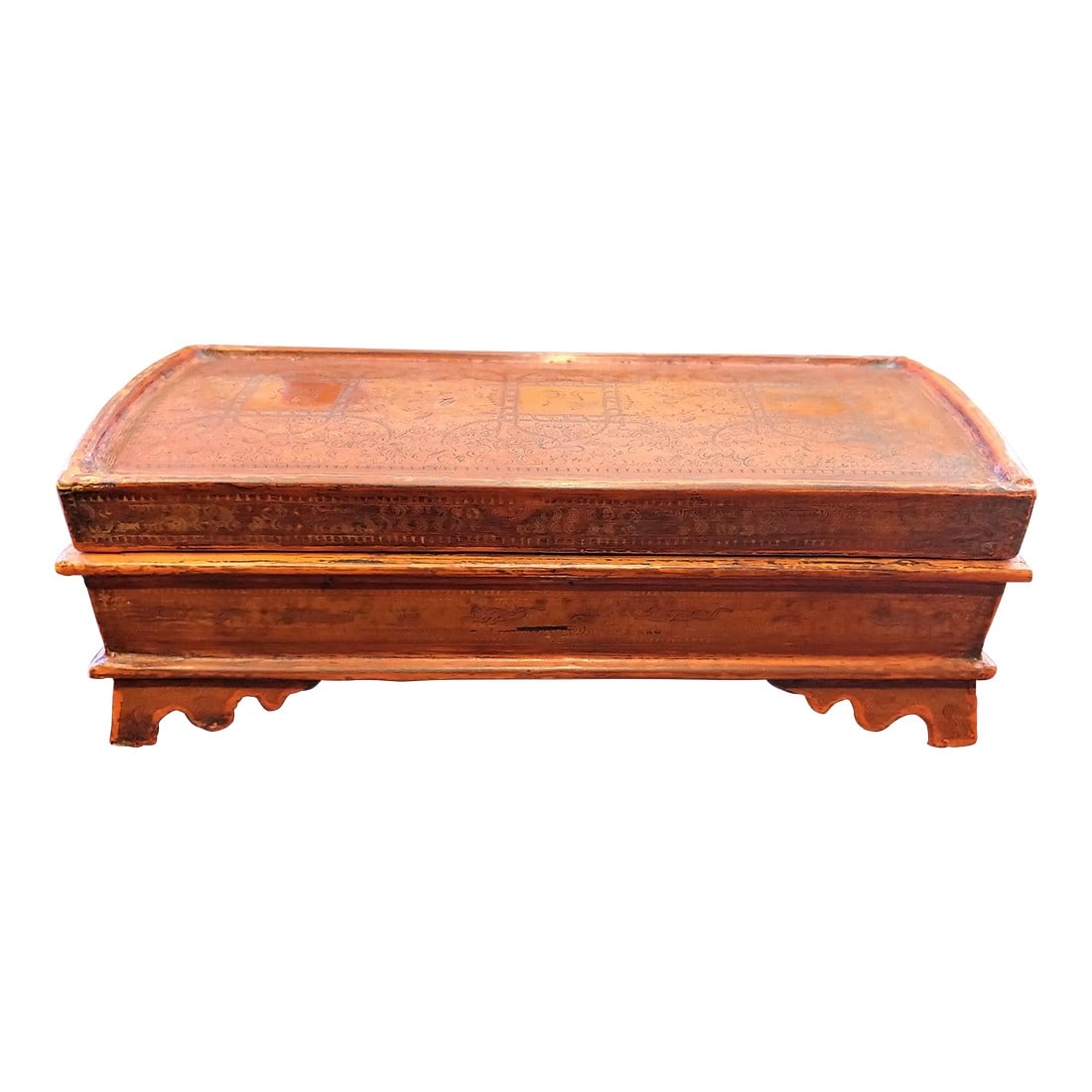 Early 20th Century Antique Indonesian Wood Polychromed and Lacquered Box: Antique hand-painted and lacquered wooden box with removable tray, from Indonesia. The interior compartments are amply sized. There are some small spots where the paint has come off to reveal the wood