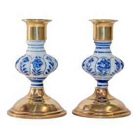 Vintage Delft Floral Blue and White Ceramic and Brass Candlesticks, a Pair 1950s