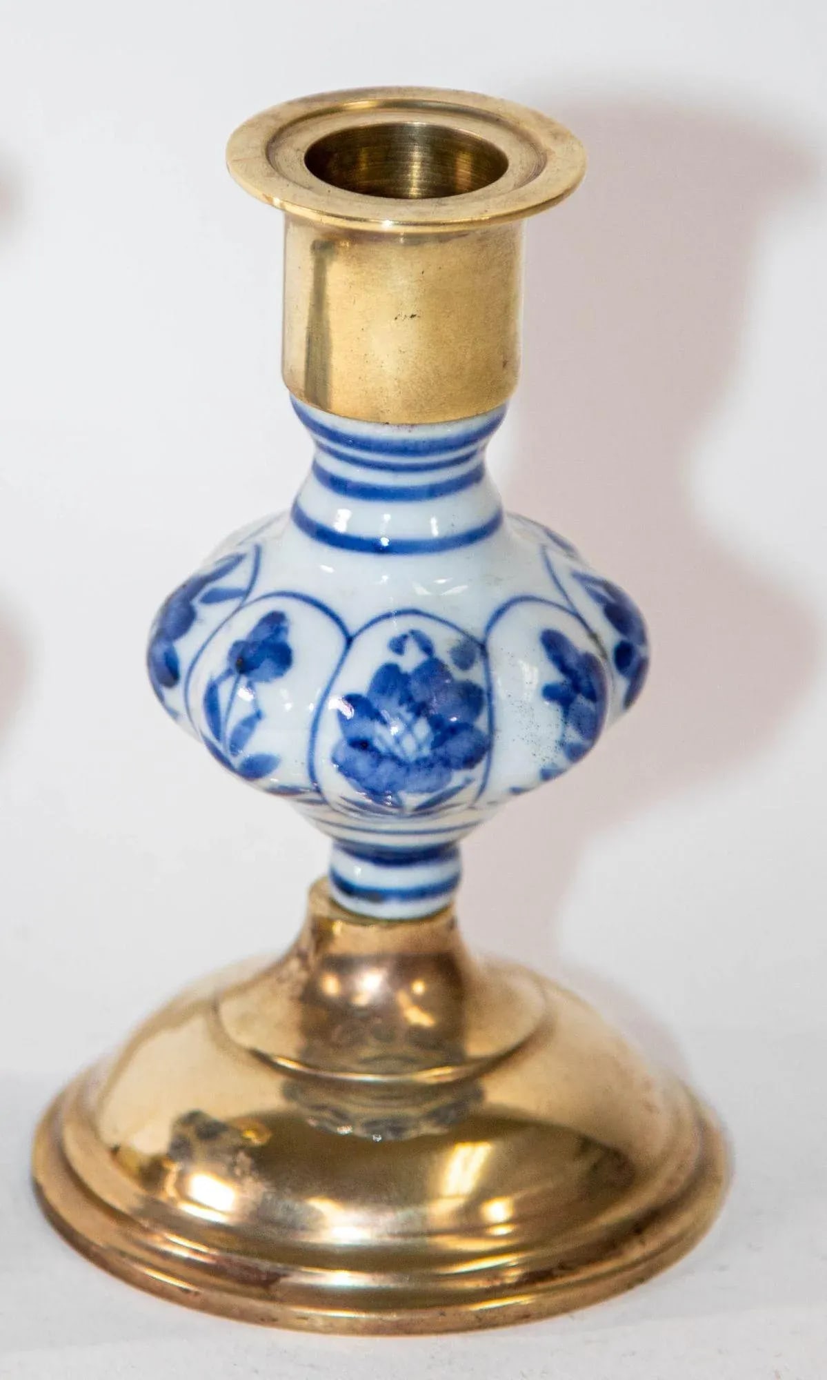 Vintage Delft Floral Blue and White Ceramic and Brass Candlesticks, a Pair 1950s - 2
