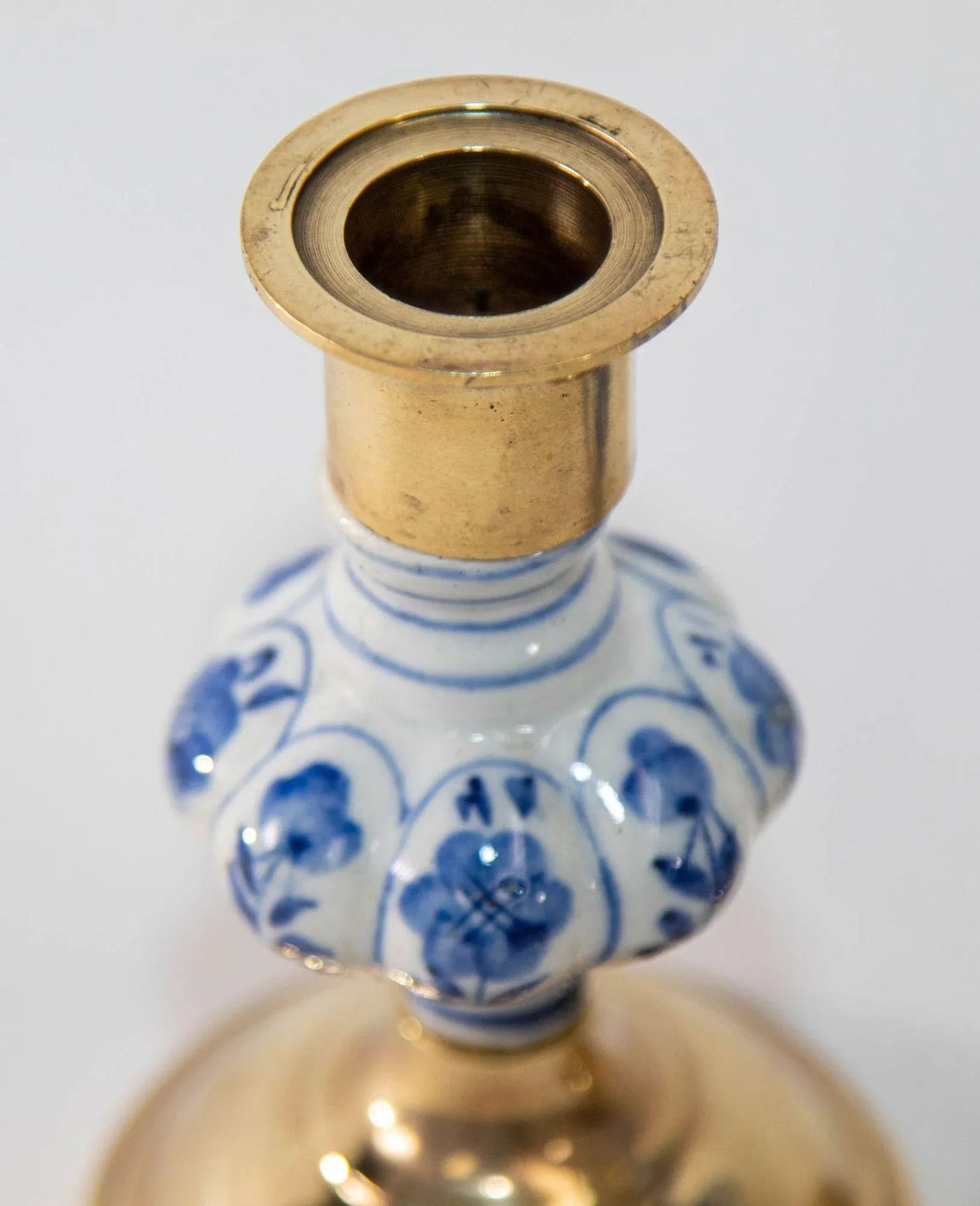 Vintage Delft Floral Blue and White Ceramic and Brass Candlesticks, a Pair 1950s - 6