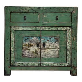 Chinese Distressed Apple Green Graphic Sideboard Console Cabinet
