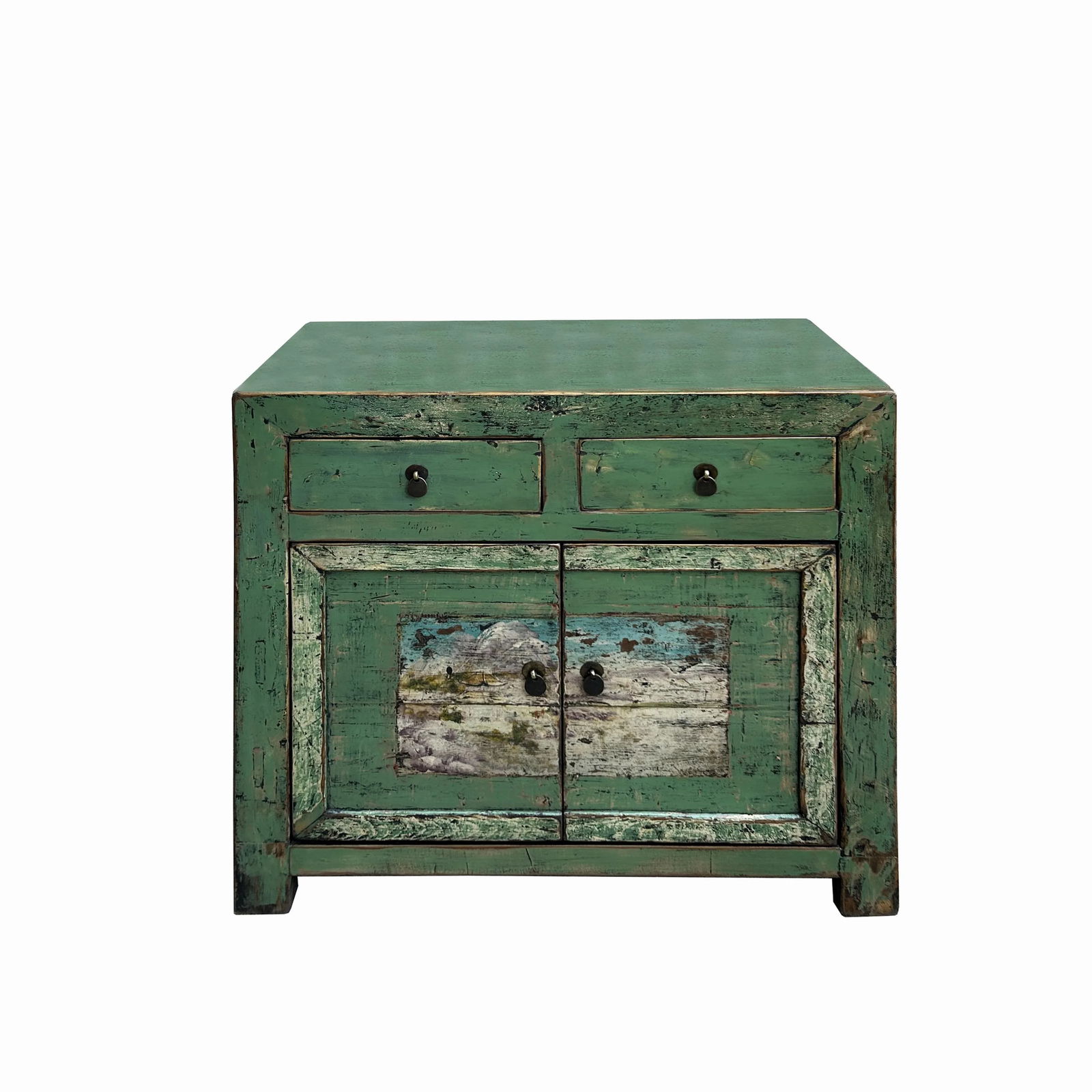Chinese Distressed Apple Green Graphic Sideboard Console Cabinet - 3
