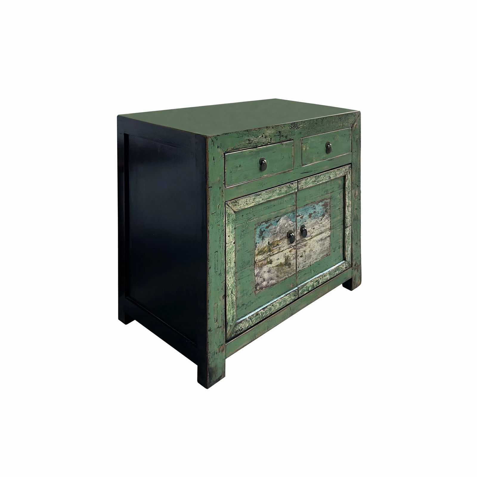 Chinese Distressed Apple Green Graphic Sideboard Console Cabinet - 4