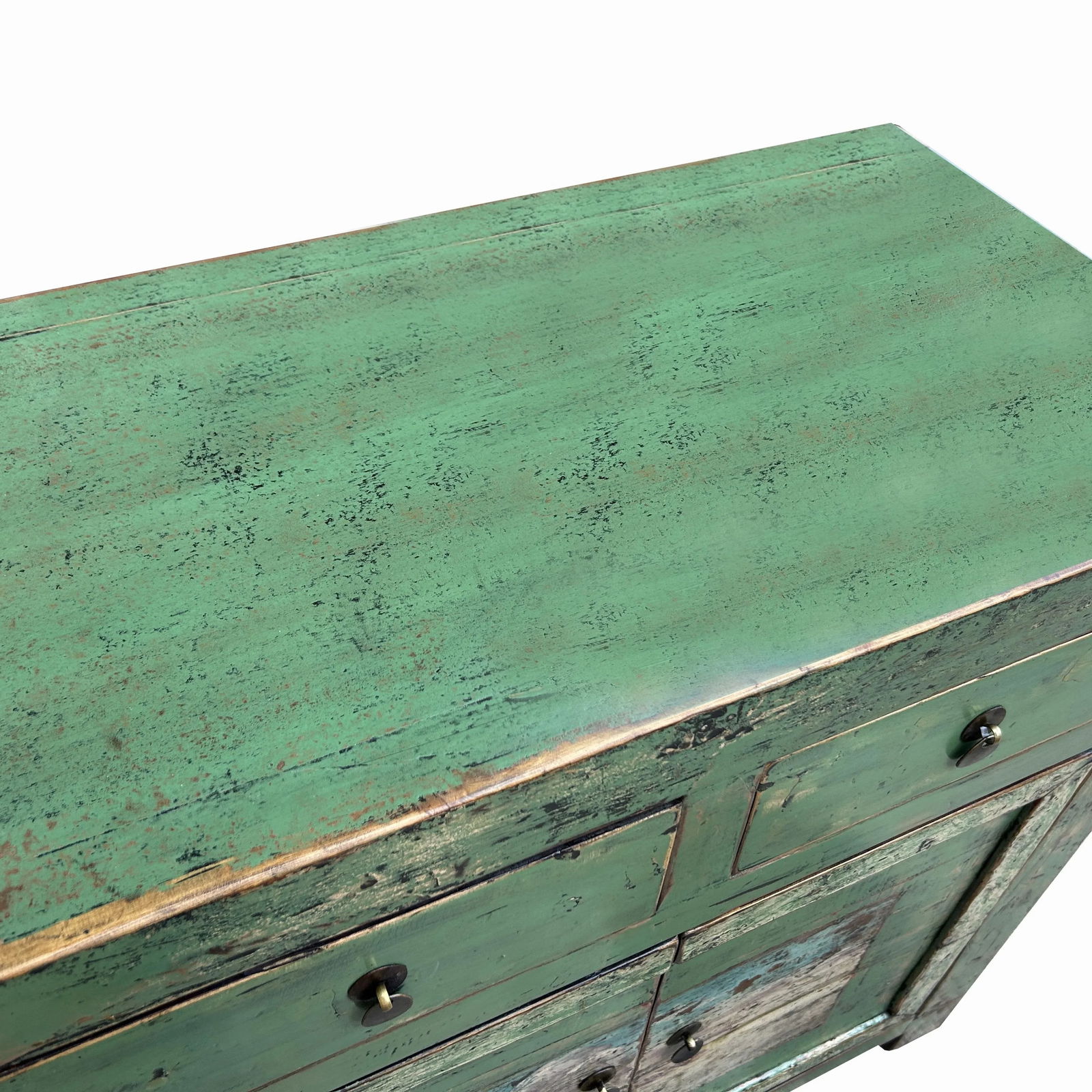 Chinese Distressed Apple Green Graphic Sideboard Console Cabinet - 6