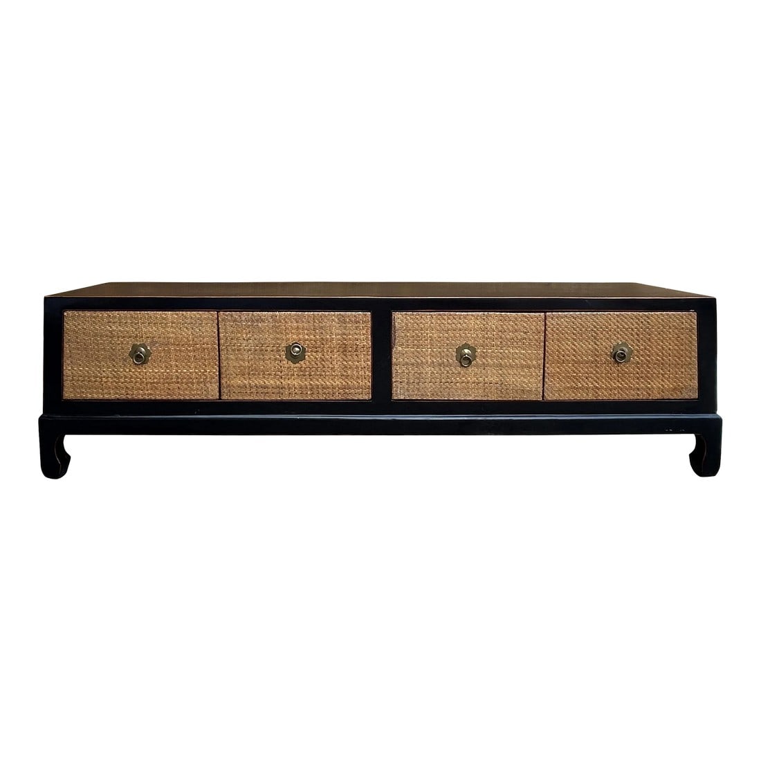 Oriental Black Light Tan Rattan Doors Trapezoid Low Tv Stand Console Table Cabinet: Discover the perfect blend of rustic charm and sophisticated design with our Black and Brown Rattan minor Trapezoid shape Low Console TV Media Stand. This exquisite piece is a versatile addition to