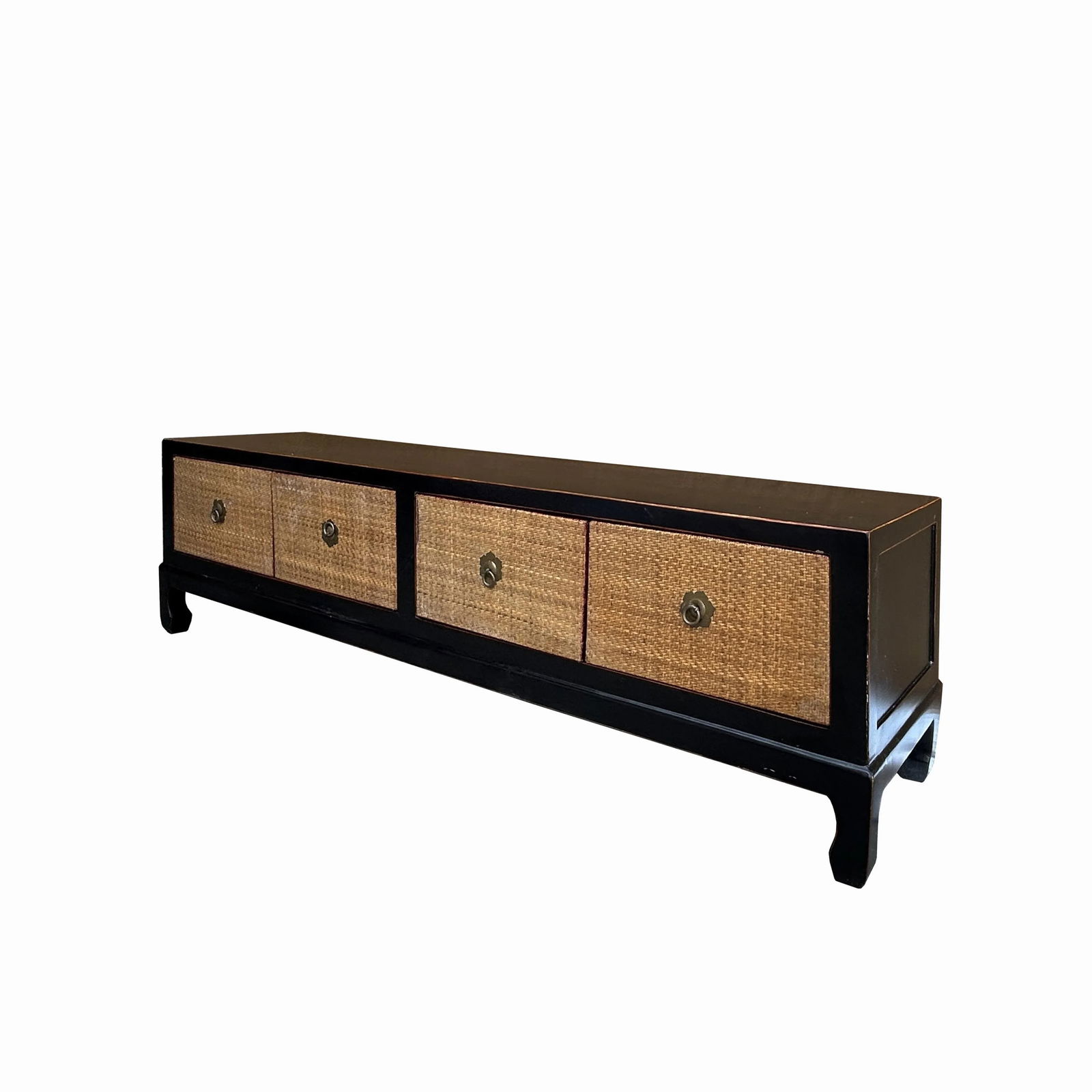 Oriental Black Light Tan Rattan Doors Trapezoid Low Tv Stand Console Table Cabinet - 2