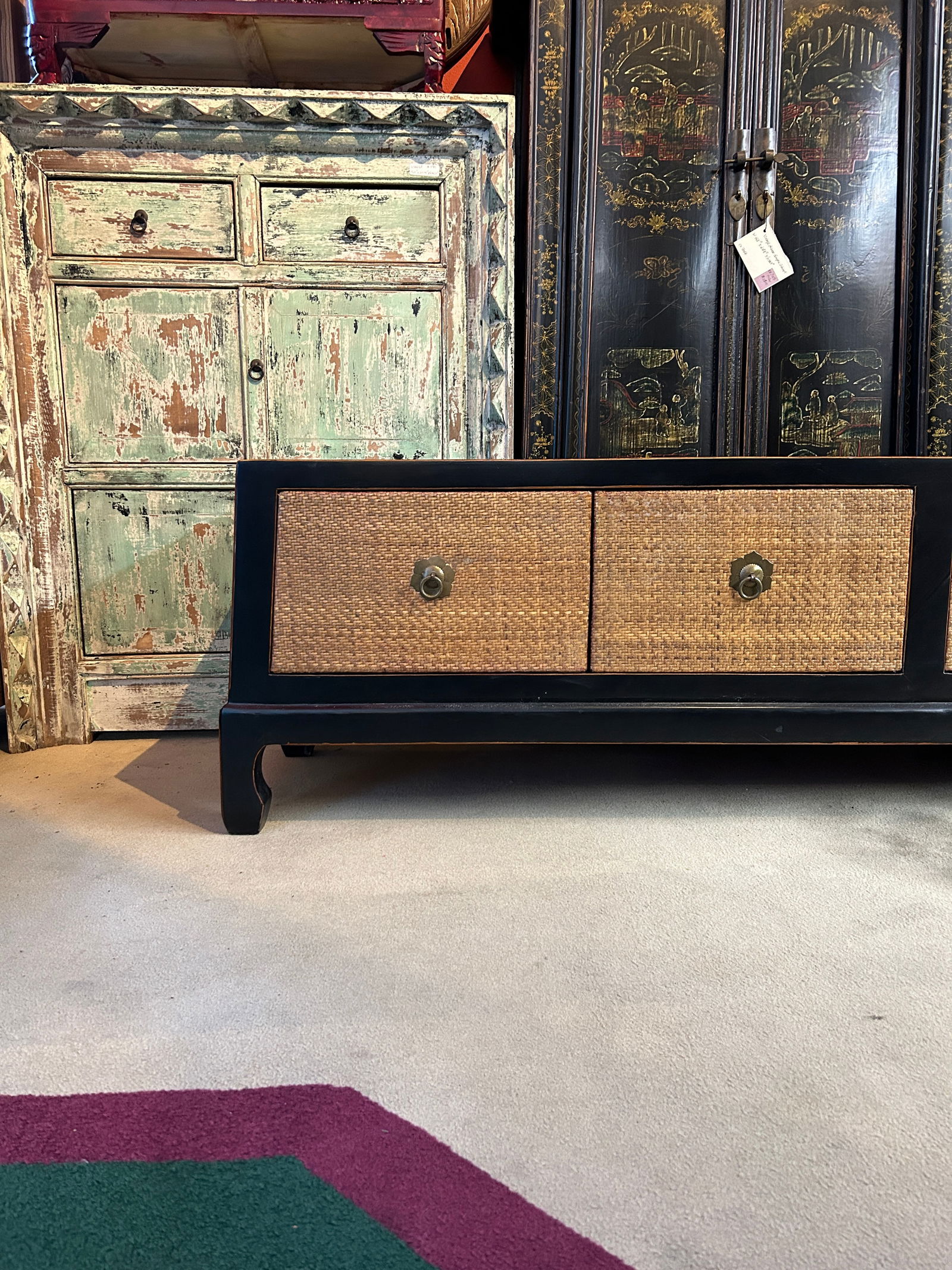 Oriental Black Light Tan Rattan Doors Trapezoid Low Tv Stand Console Table Cabinet - 7