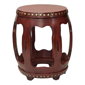 Chinese Distressed Brick Red Gold Dots Wood Open Ru Yi Bar Round Barrel Stool