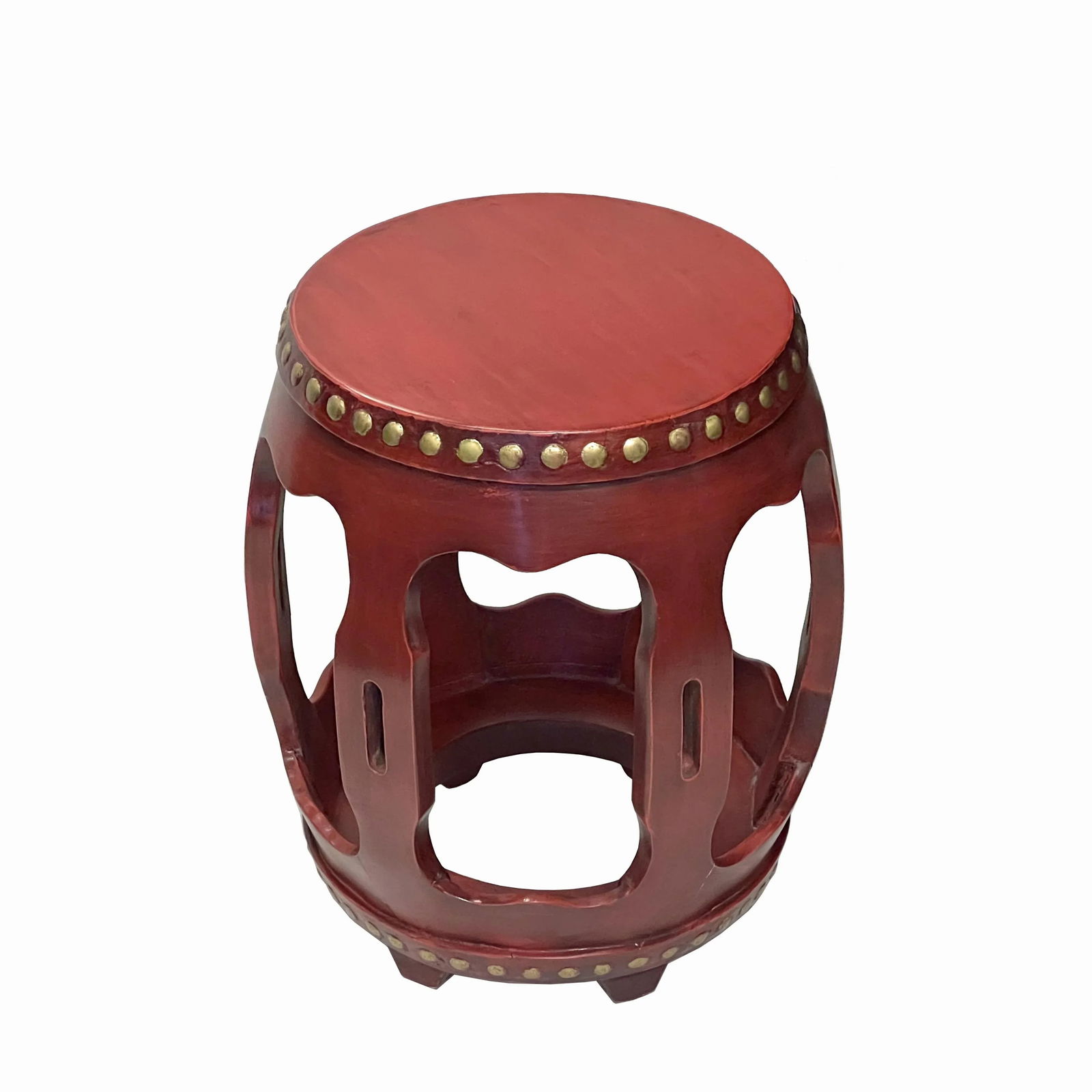 Chinese Distressed Brick Red Gold Dots Wood Open Ru Yi Bar Round Barrel Stool - 2
