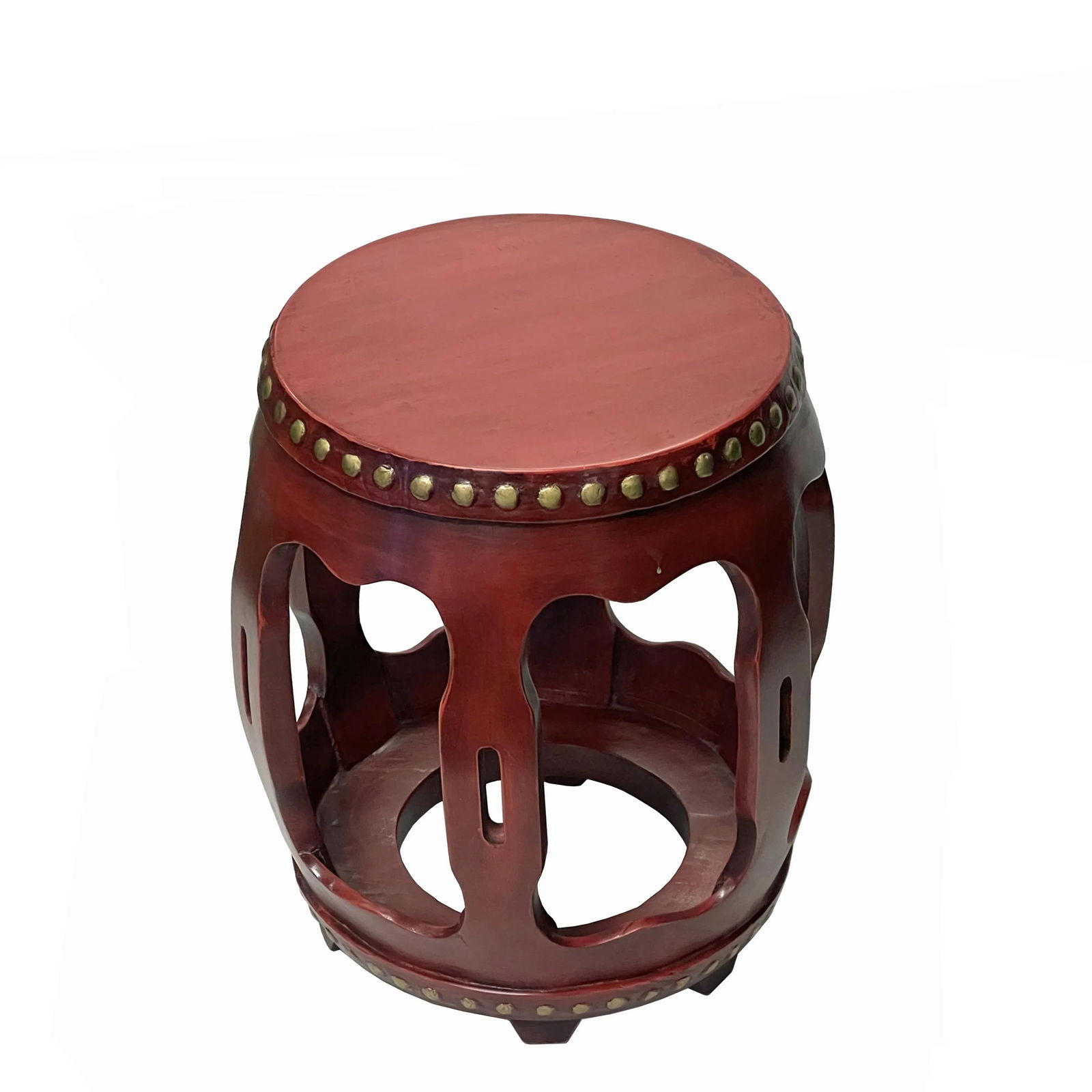 Chinese Distressed Brick Red Gold Dots Wood Open Ru Yi Bar Round Barrel Stool - 3