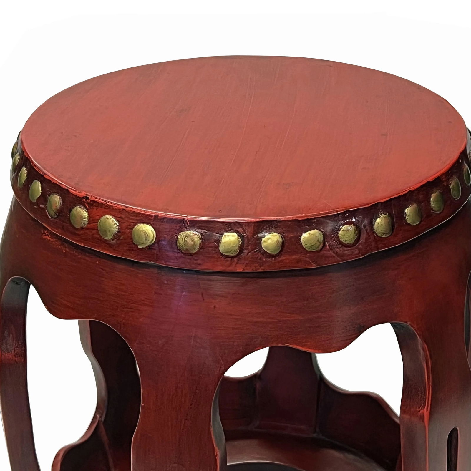 Chinese Distressed Brick Red Gold Dots Wood Open Ru Yi Bar Round Barrel Stool - 6
