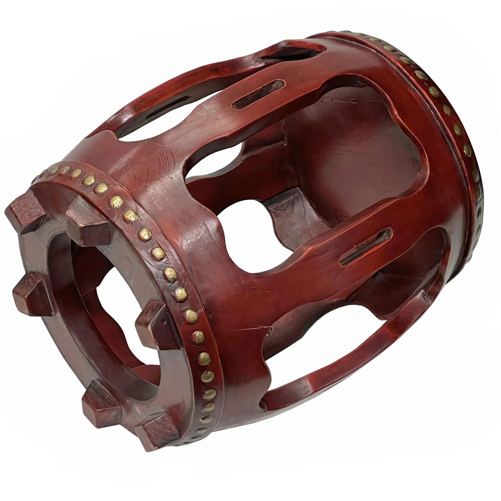 Chinese Distressed Brick Red Gold Dots Wood Open Ru Yi Bar Round Barrel Stool - 7