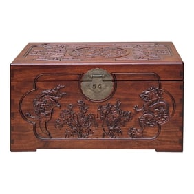 23.5" Small Oriental Brown Phoenix Dragon Carving Camphor Trunk Table