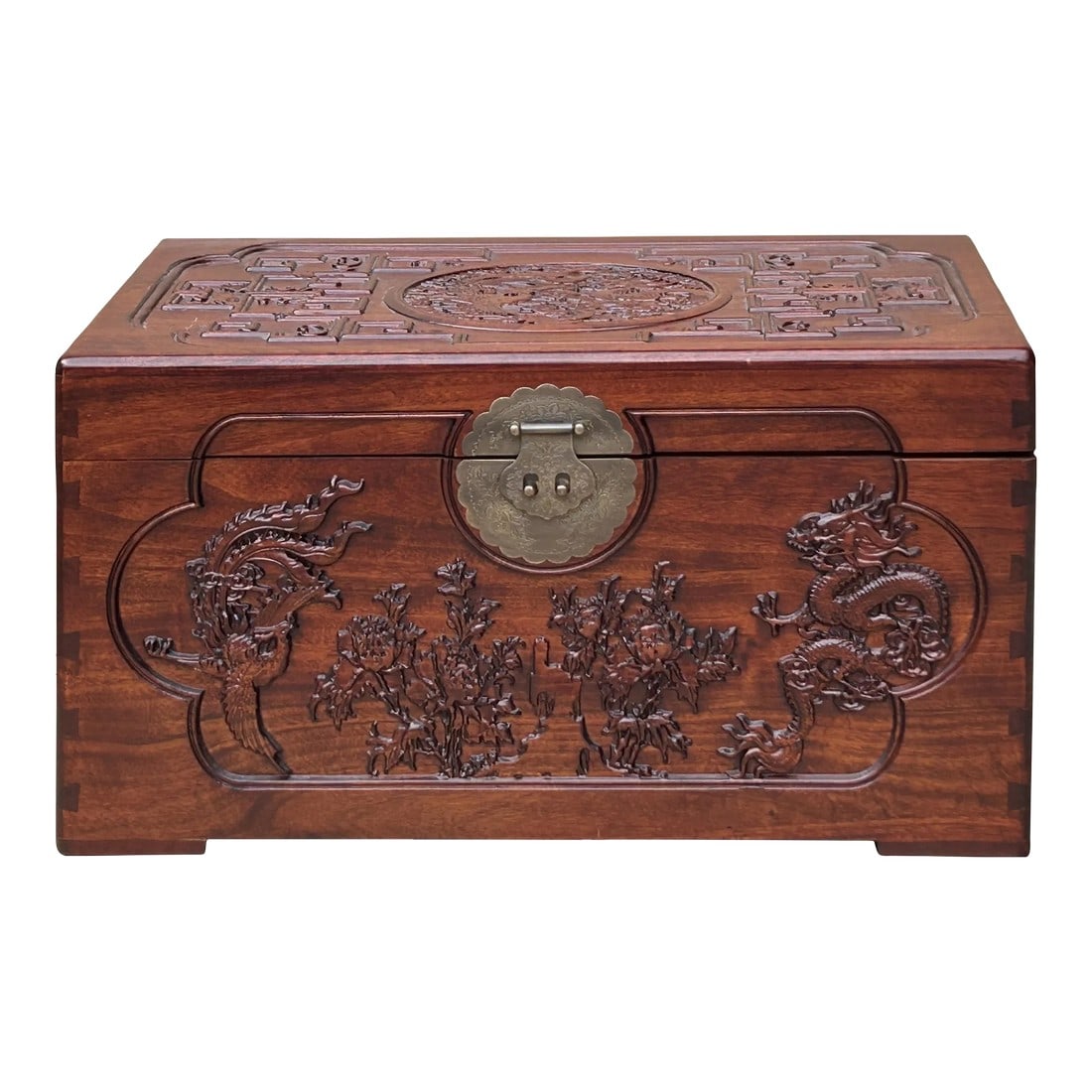 23.5" Small Oriental Brown Phoenix Dragon Carving Camphor Trunk Table: This is a handmade oriental Chinese accent decorative trunk chest made of nice wood grain camphor wood. The surface has a hand-carved relief floral motif and carving motif of dragon and phoenix. It is
