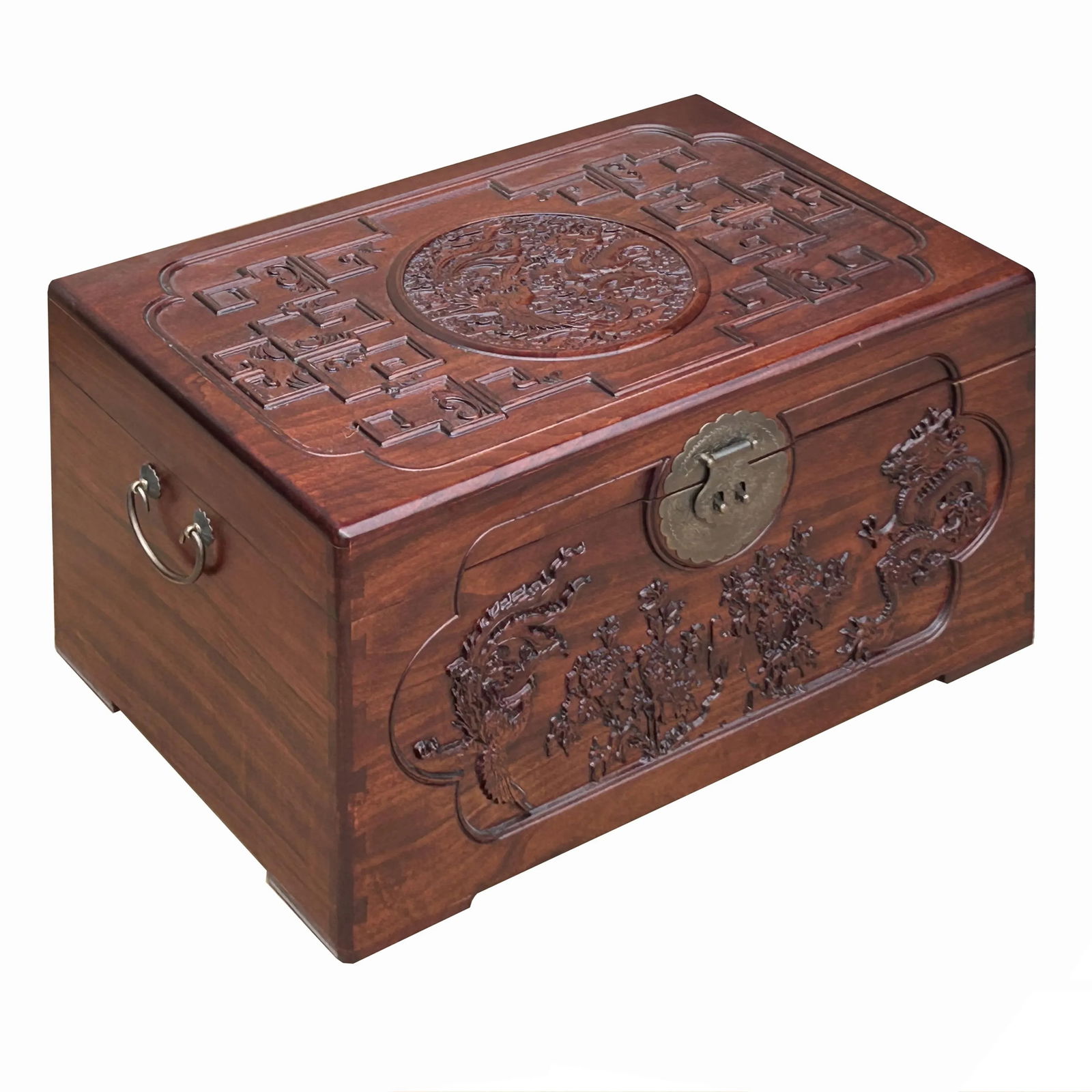 23.5" Small Oriental Brown Phoenix Dragon Carving Camphor Trunk Table - 2