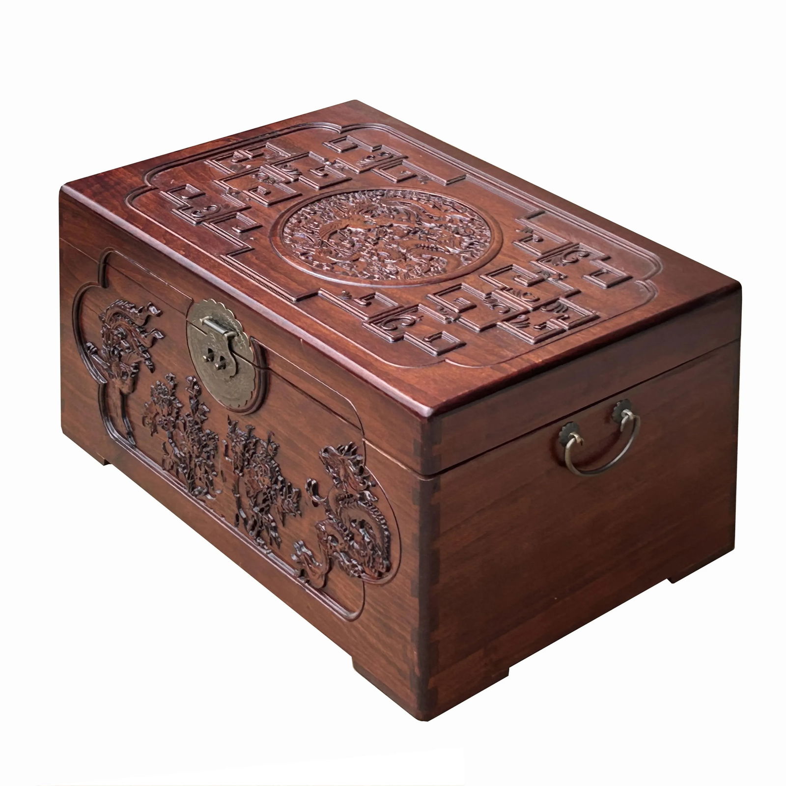 23.5" Small Oriental Brown Phoenix Dragon Carving Camphor Trunk Table - 4