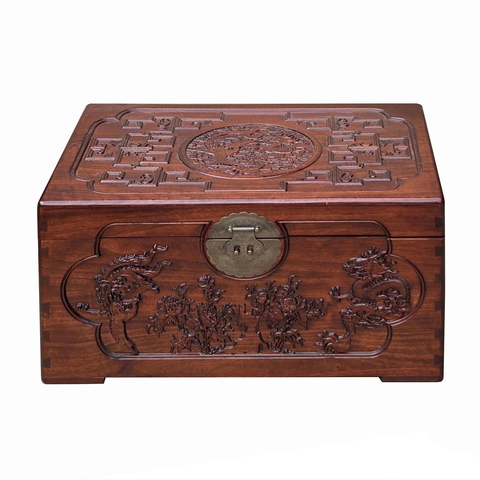 23.5" Small Oriental Brown Phoenix Dragon Carving Camphor Trunk Table - 5