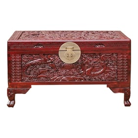 26.5" Small Oriental Brown Phoenix Dragon Carving Camphor Trunk Table