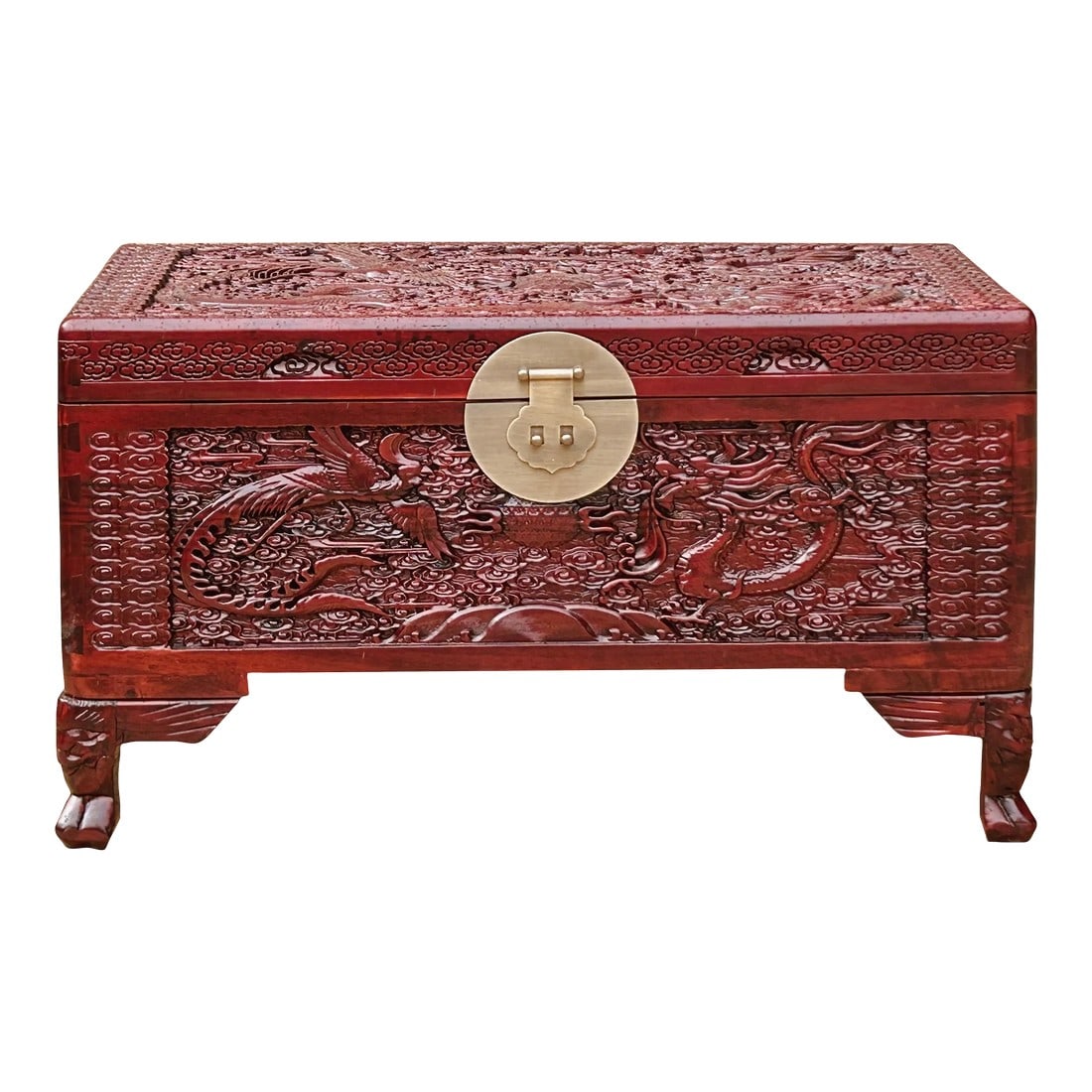 26.5" Small Oriental Brown Phoenix Dragon Carving Camphor Trunk Table: This is a handmade oriental Chinese accent decorative trunk chest made of nice wood grain camphor wood. The surface has a hand-carved relief floral motif and carving motif of dragon and phoenix. It