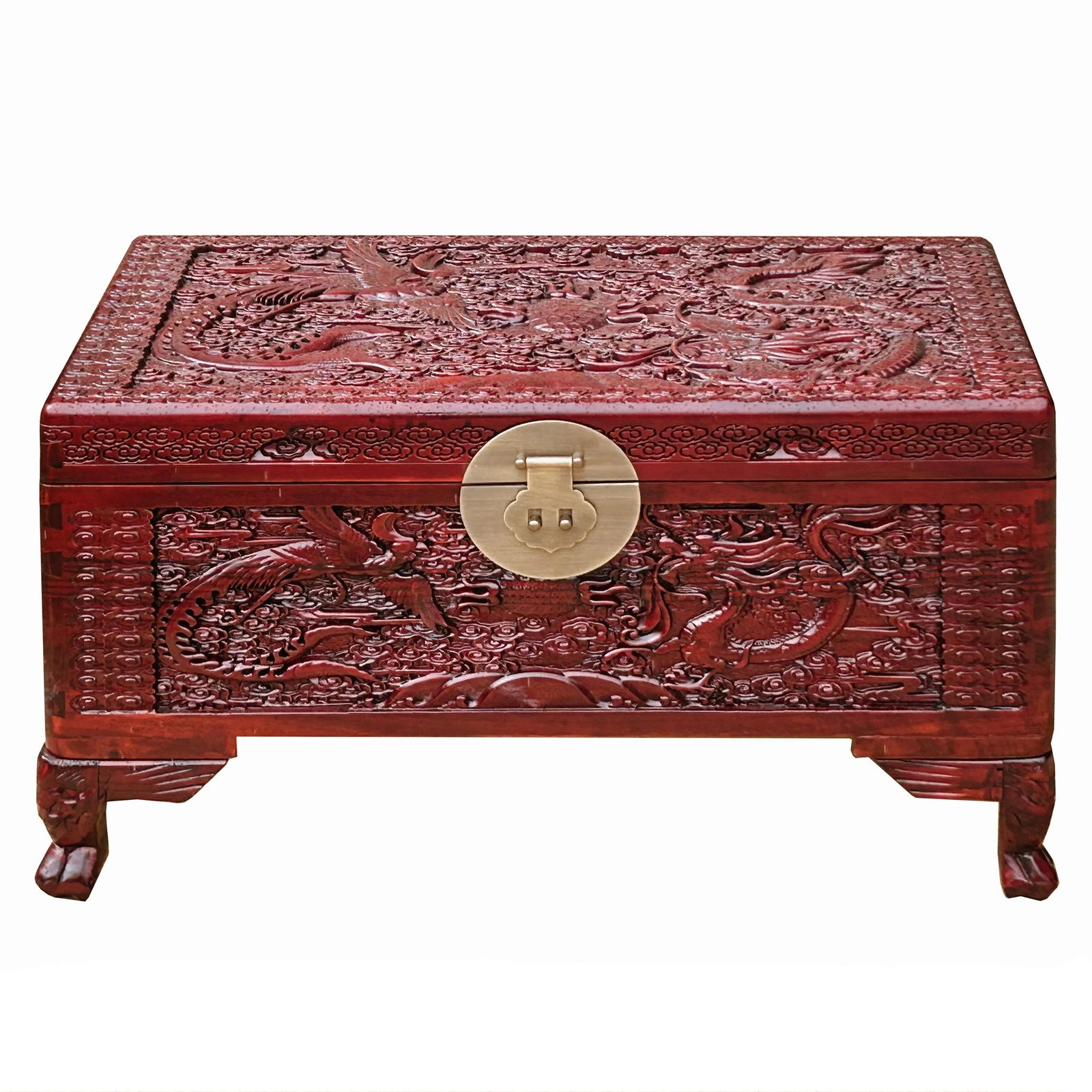 26.5" Small Oriental Brown Phoenix Dragon Carving Camphor Trunk Table - 3