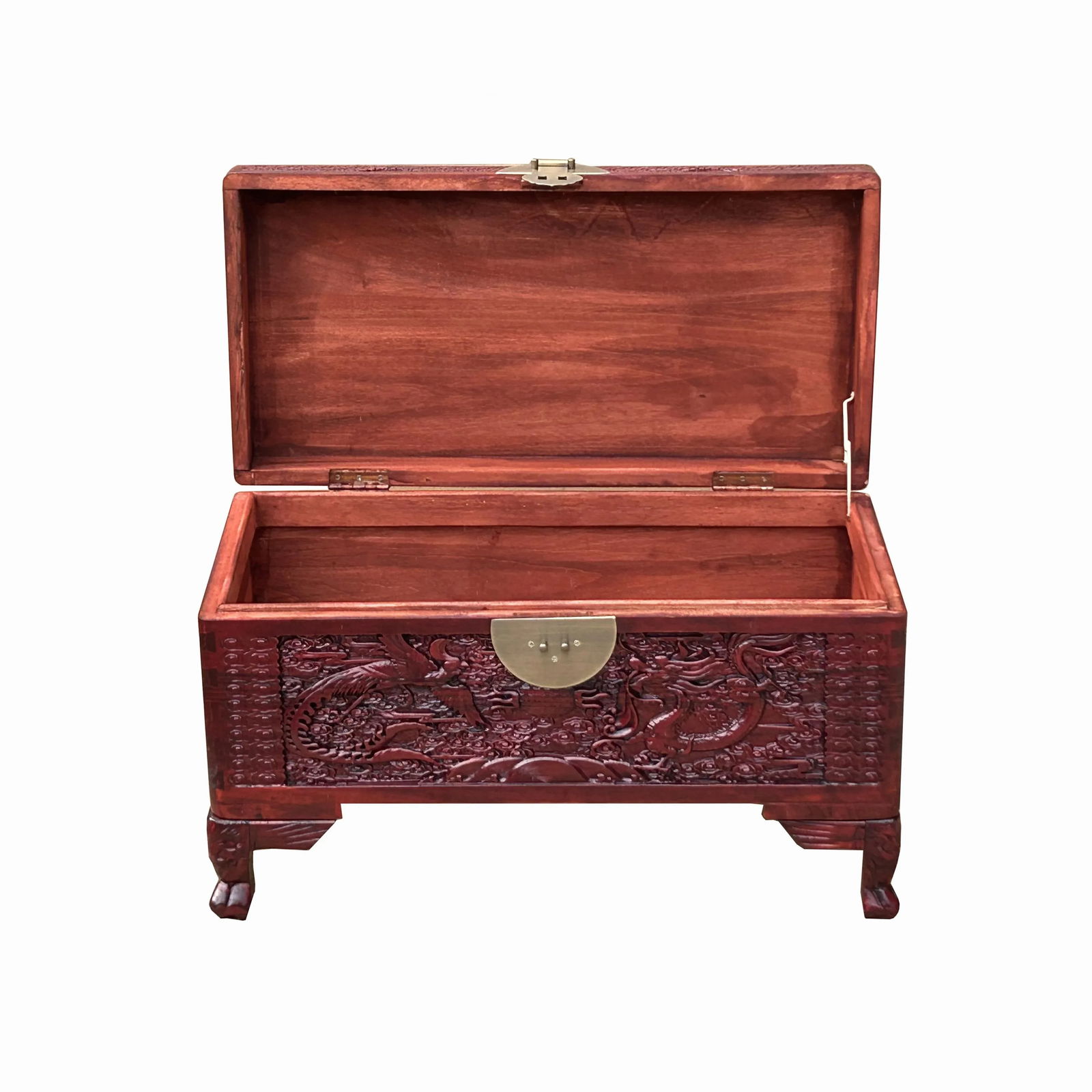 26.5" Small Oriental Brown Phoenix Dragon Carving Camphor Trunk Table - 4
